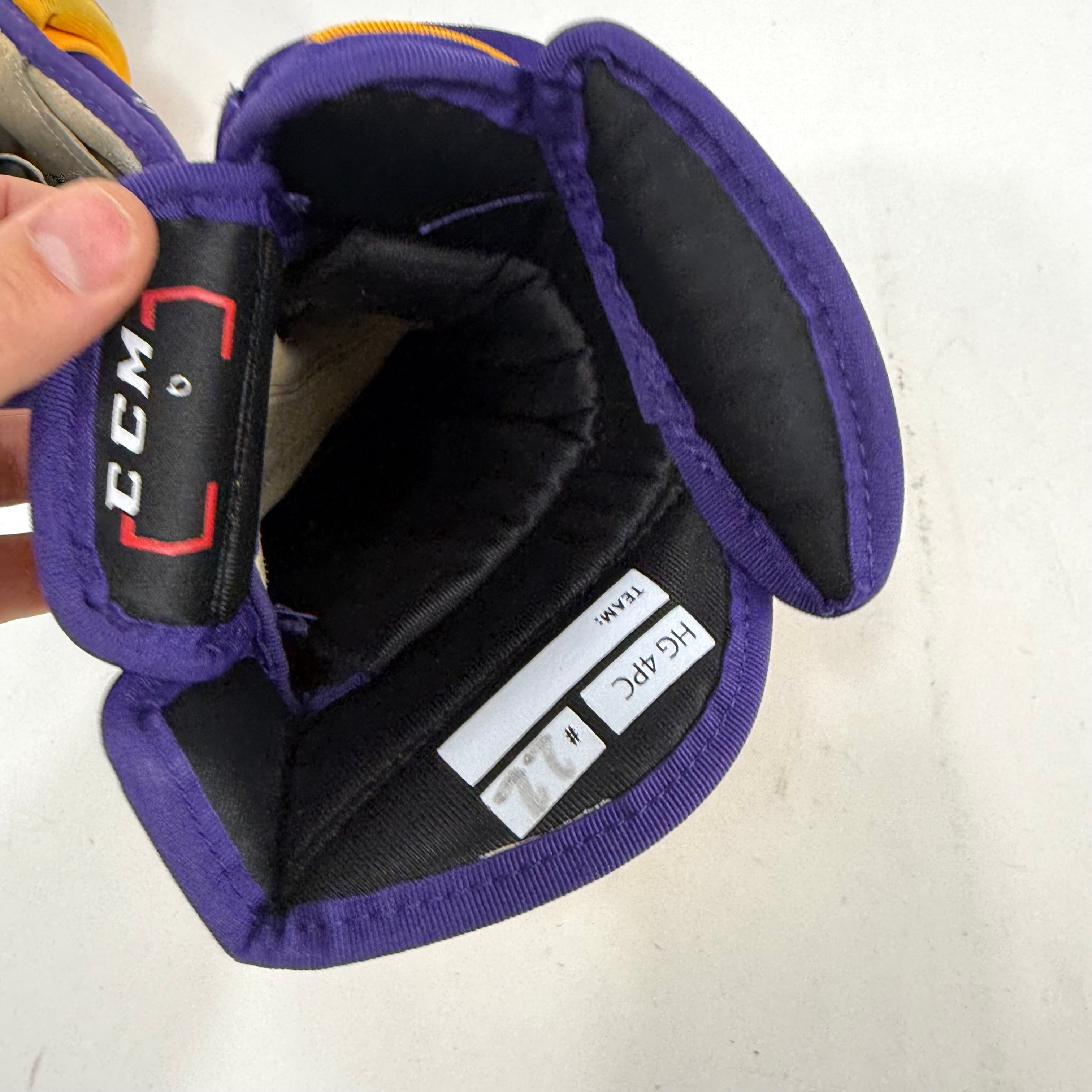 Used Yellow and Purple CCM 4 Roll Pro Gloves | 14" | E451