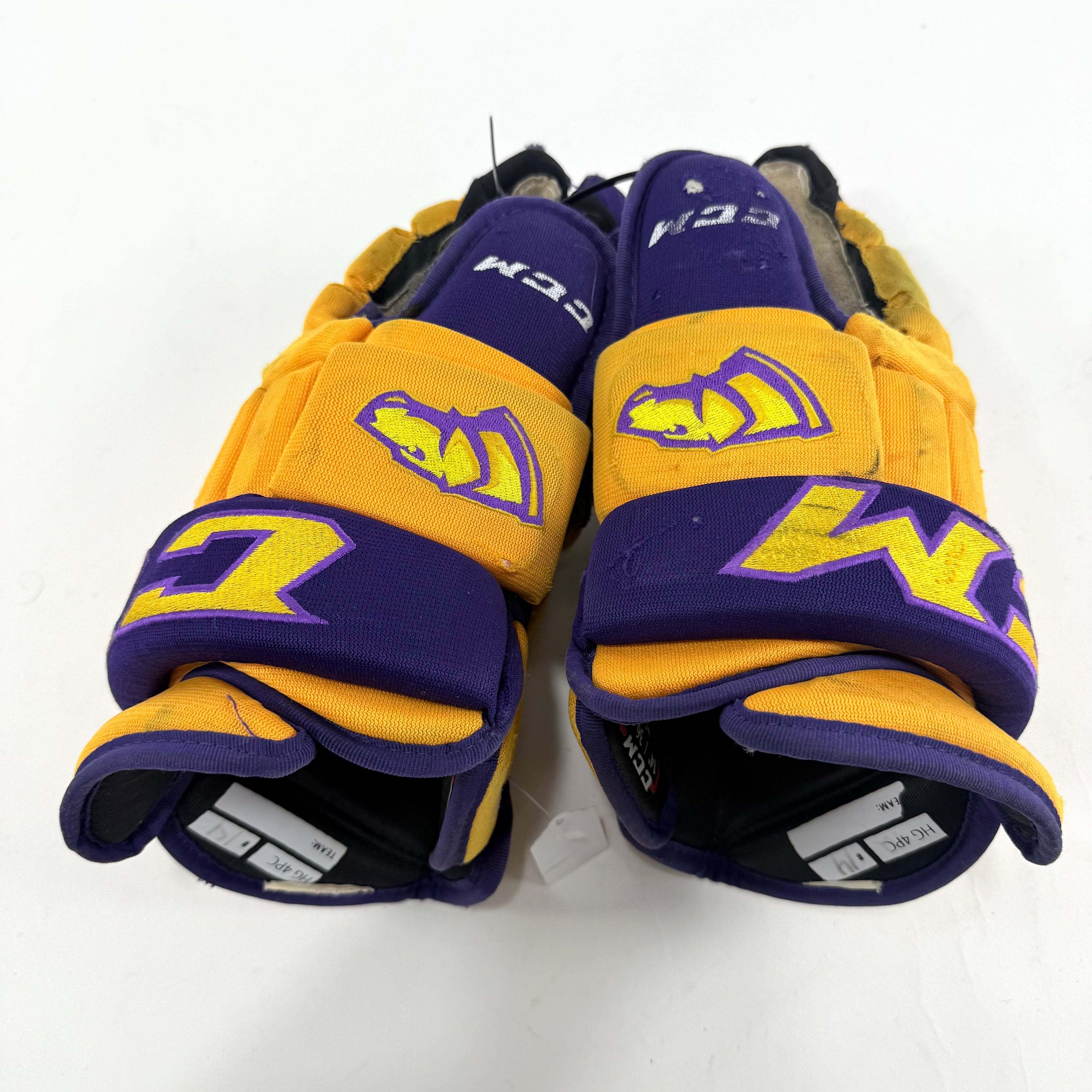 Used Yellow and Purple CCM 4 Roll Pro Gloves | 14" | E559 - Top Flight Hockey