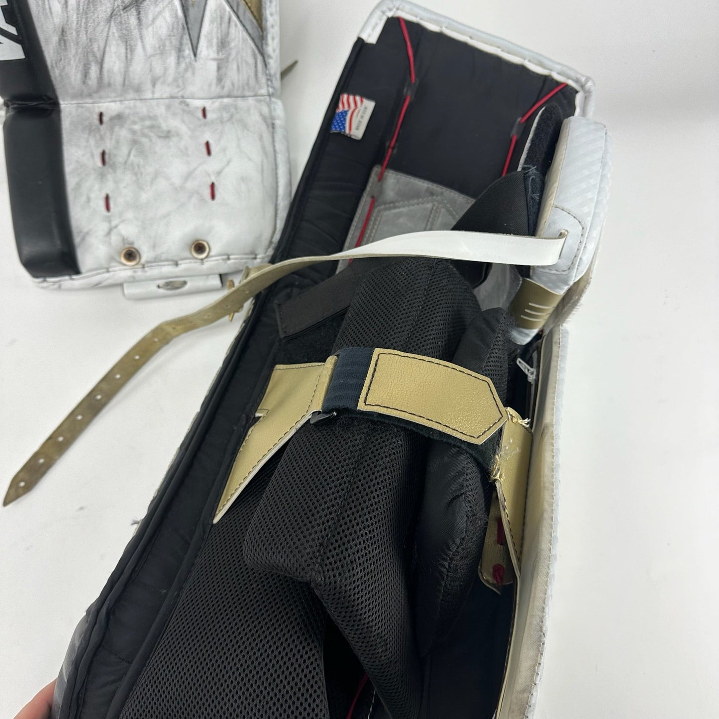 Used Vegas Knights White and Gold Vaughn V9 Goalie Leg Pads | Saville | 35+1" - Top Flight Hockey