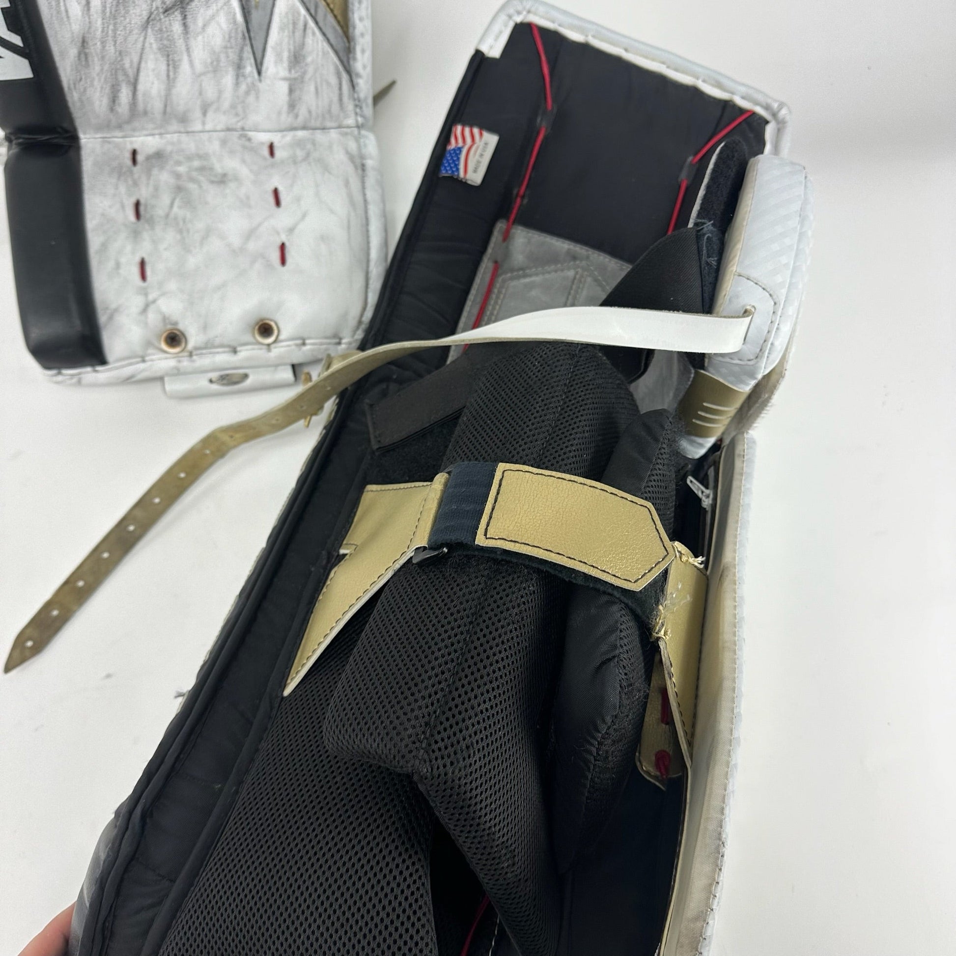 Used Vegas Knights White and Gold Vaughn V9 Goalie Leg Pads | Saville | 35+1" - Top Flight Hockey