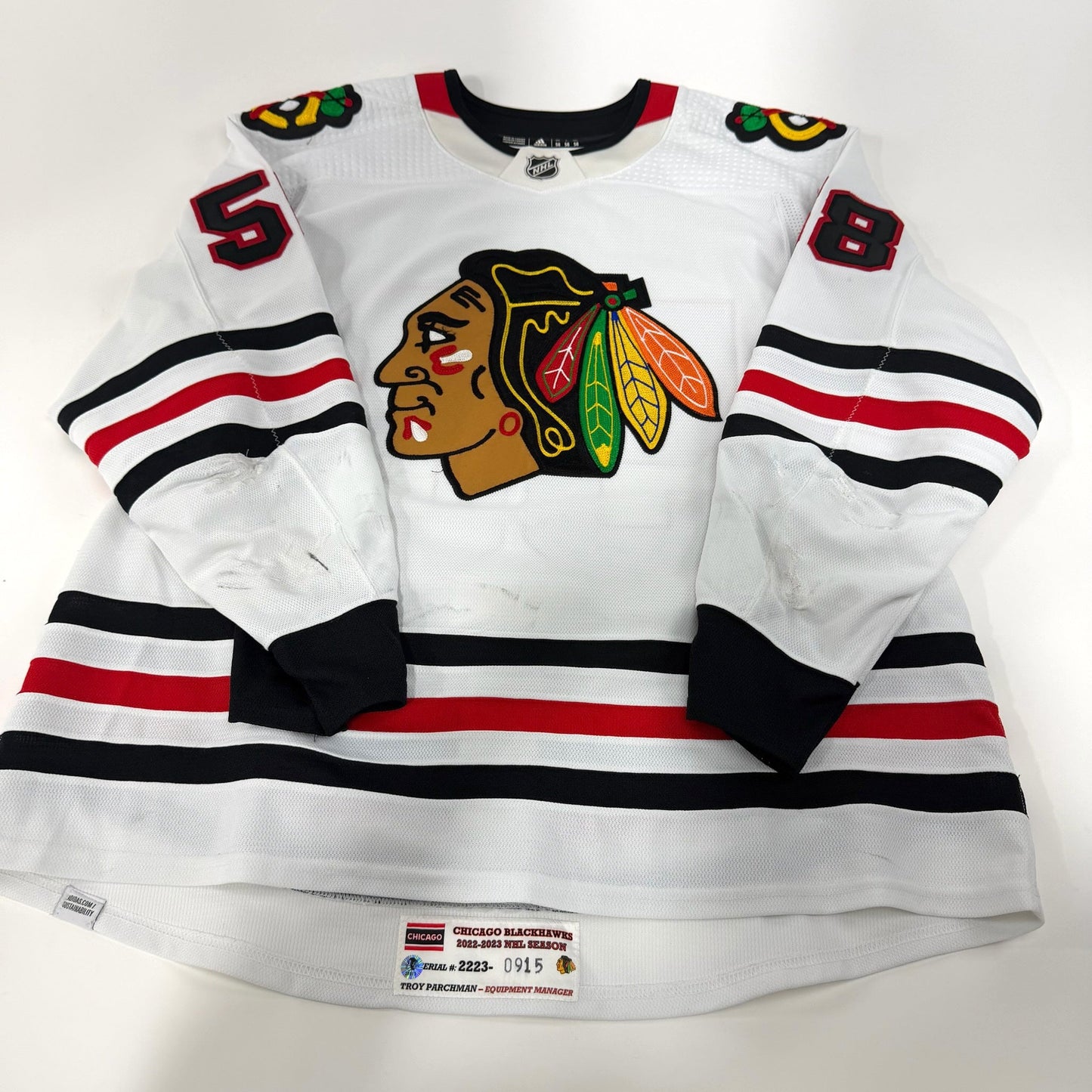 MacKenzie Entwistle #58 Away Chicago Blackhawks Game Worn Jersey 2022-2023, Set 2 | 915-25513