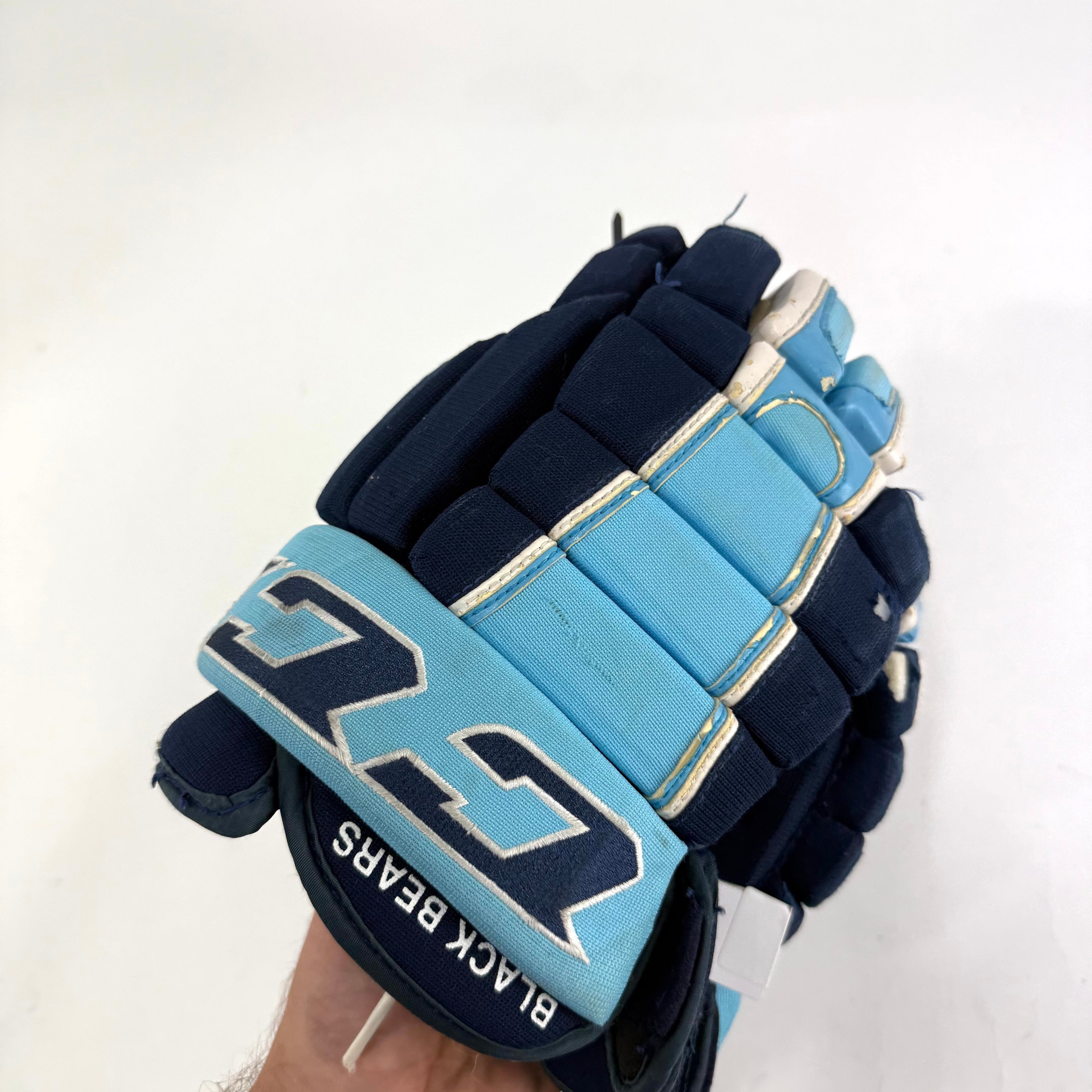 Used Navy, Baby Blue, White CCM Pro V Gloves | 12" | Maine Blackbears | B624 - Top Flight Hockey