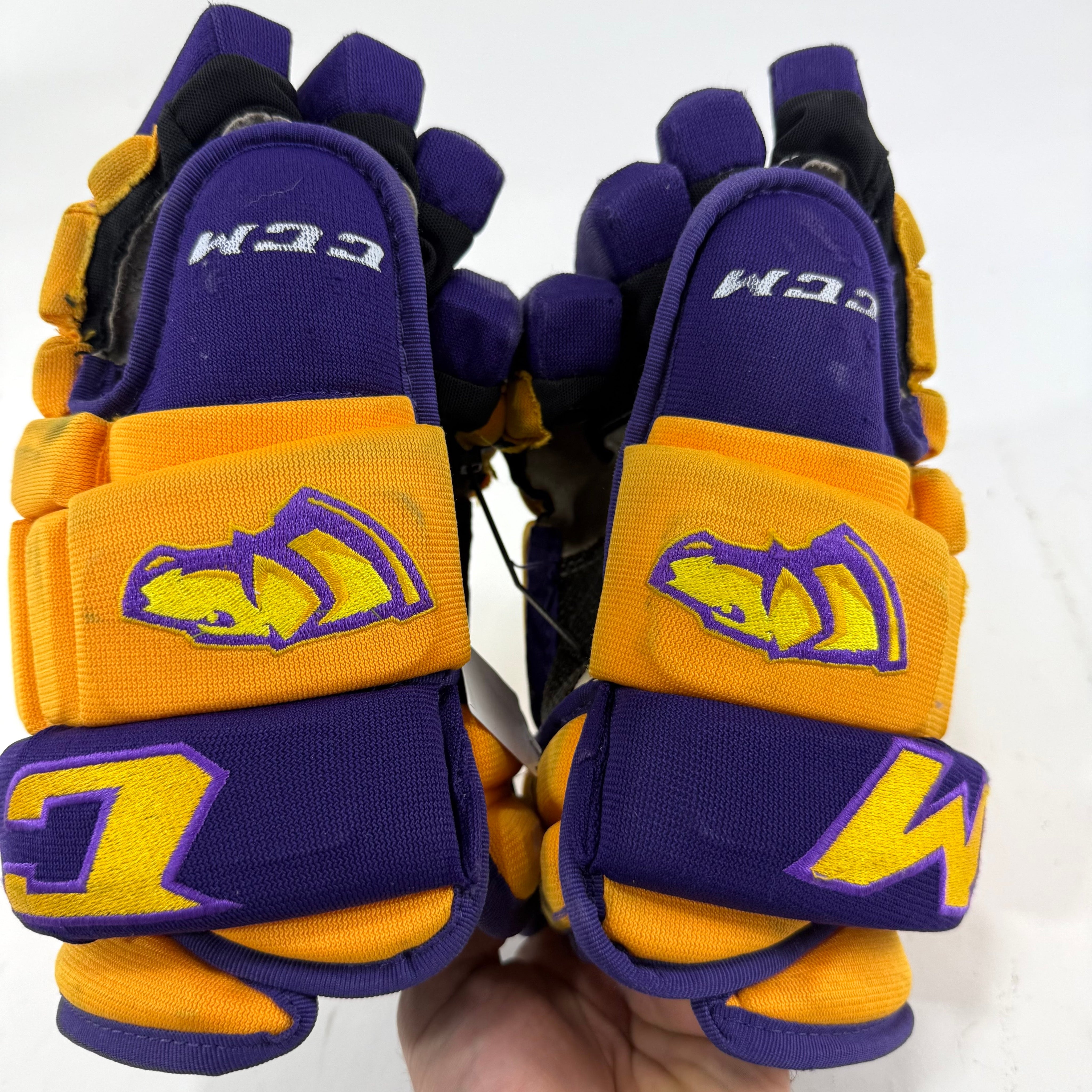 Used Yellow and Purple CCM 4 Roll Pro Gloves | 13" | E560
