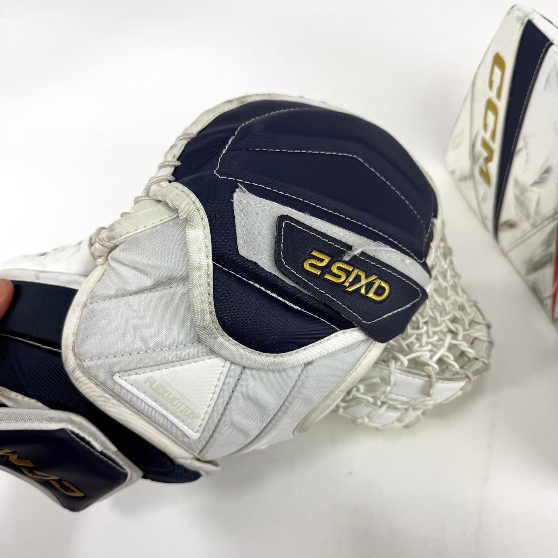 Lightly Used White and Navy Regular CCM Axis 2 Goalie Glove and Blocker | 590 Break - Top Flight Hockey