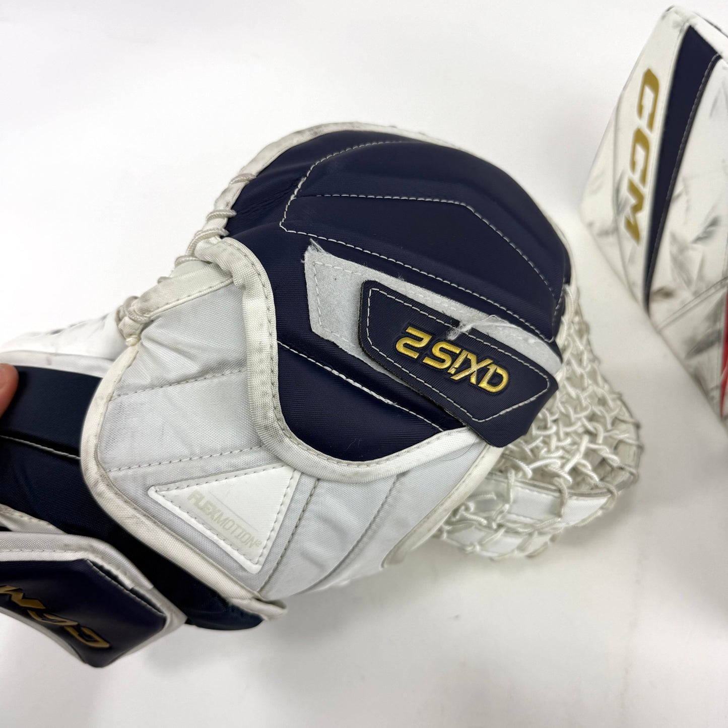 Lightly Used White and Navy Regular CCM Axis 2 Goalie Glove and Blocker | 590 Break