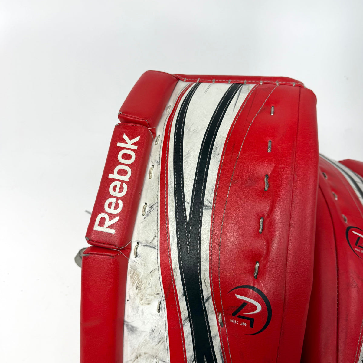 Used Red White and Black Reebok 14k Junior Goalie Leg Pads | 24+1" | AB361