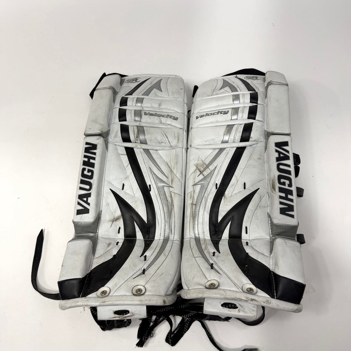 Used White and Black Vaughn Velocity V4 Goalie Leg Pads | 26+1" | AB344