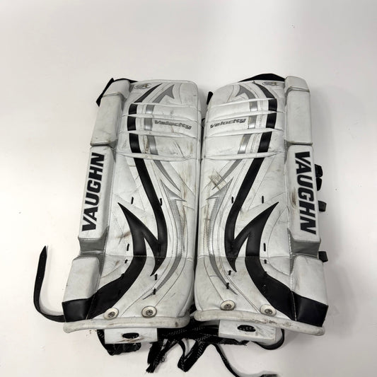 Used White and Black Vaughn Velocity V4 Goalie Leg Pads | 26+1" | AB344 - Top Flight Hockey