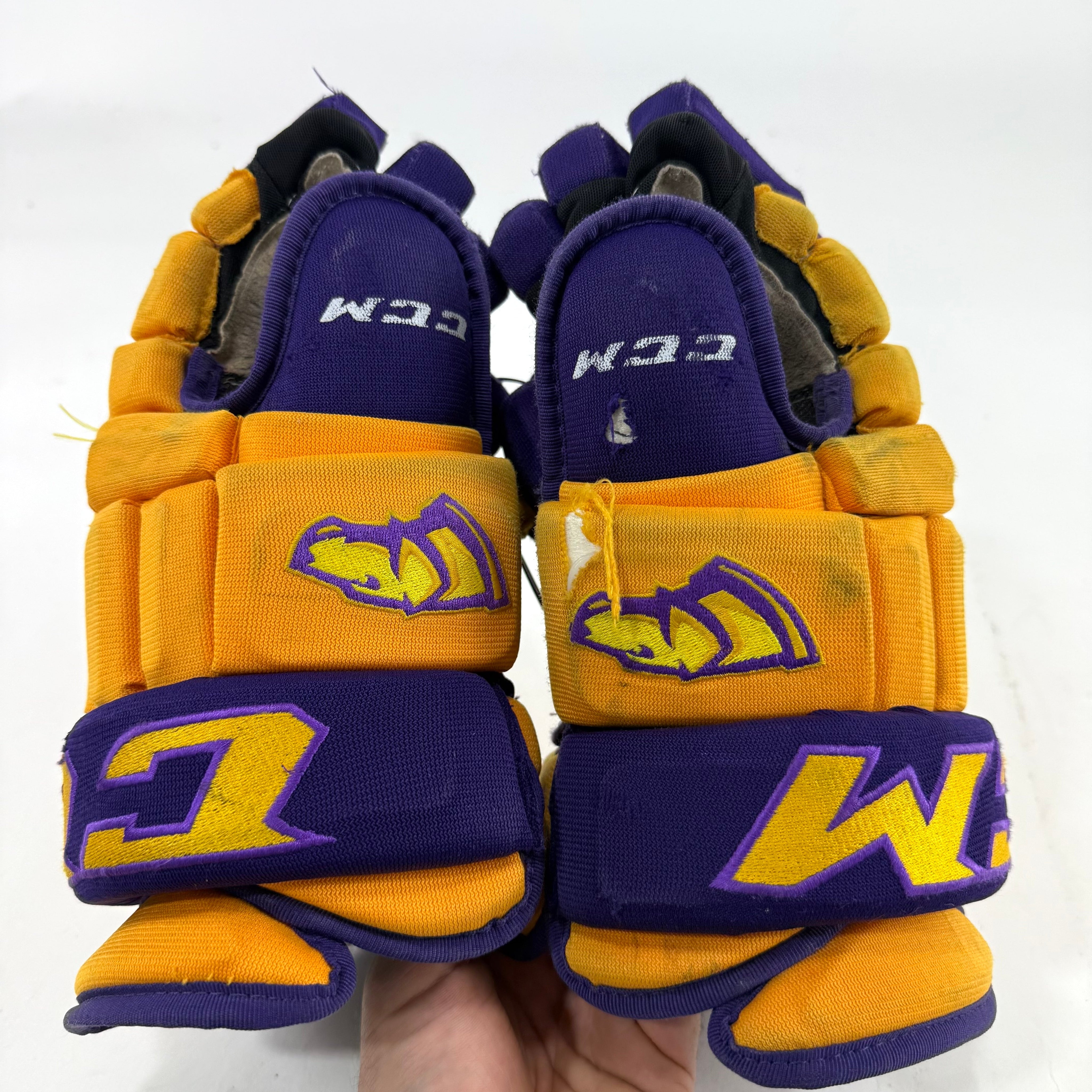 Used Yellow and Purple CCM 4 Roll Pro Gloves | 14" | E455 - Top Flight Hockey