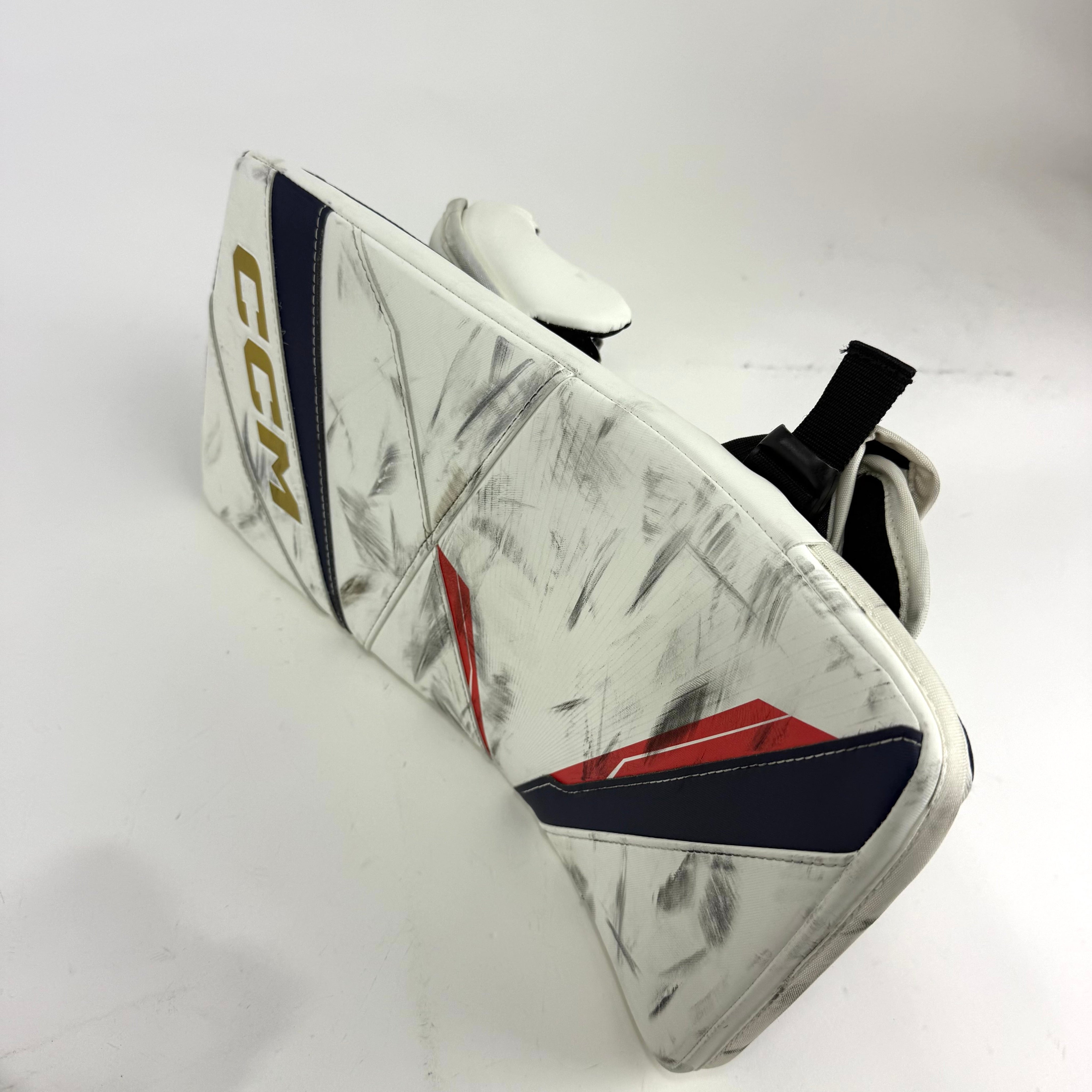 Lightly Used White and Navy Regular CCM Axis 2 Goalie Glove and Blocker | 590 Break - Top Flight Hockey