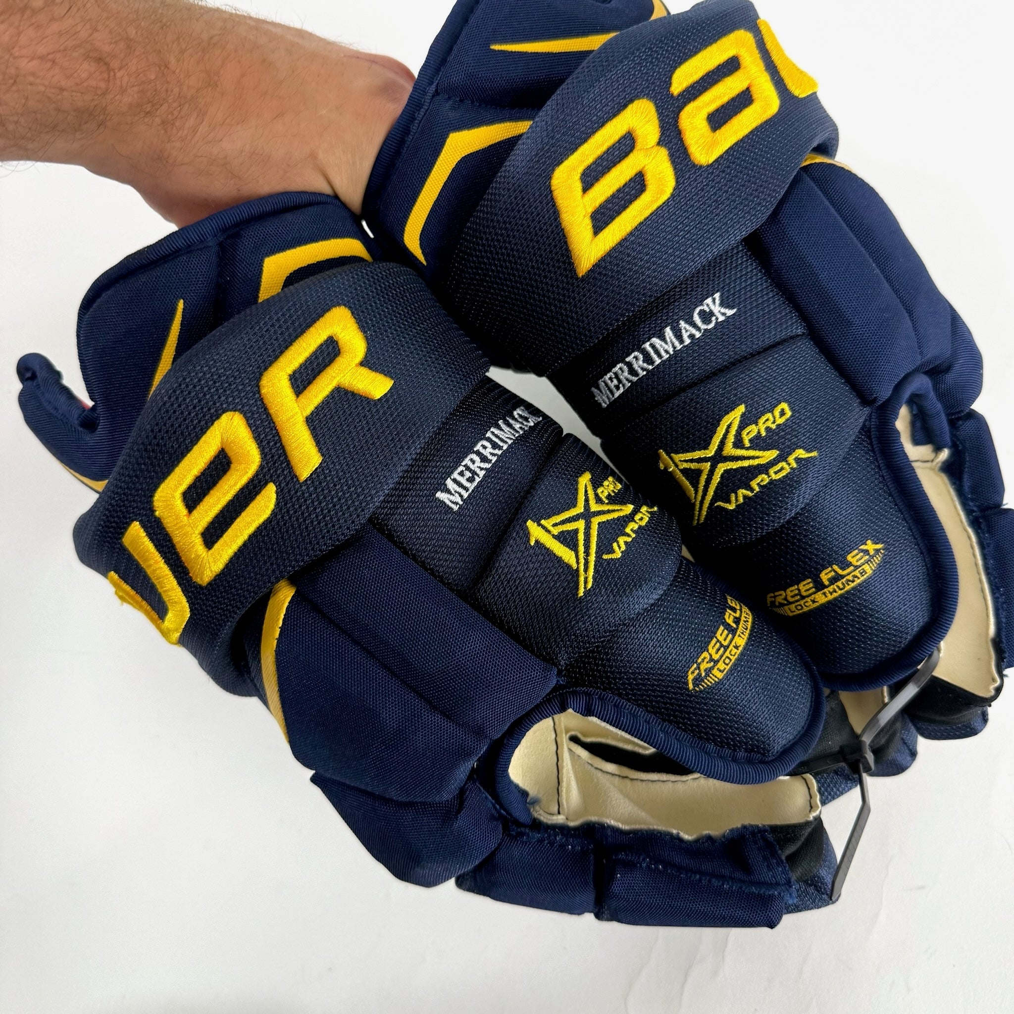 New Navy and Yellow Bauer Vapor 1x Pro Gloves | 15" | B578 - Top Flight Hockey