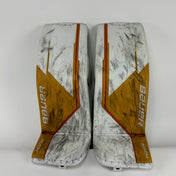 Used Vegas Knights White and Gold Bauer Supreme Mach Goalie Leg Pads | Patera | 35+1"