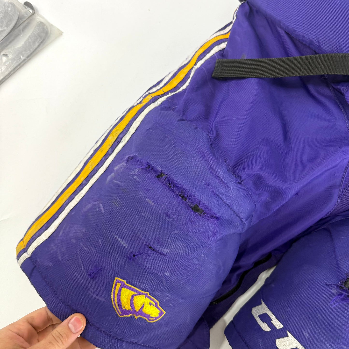 Used Purple/Yellow CCM Tacks 65C Pants | Large | E538 - Top Flight Hockey
