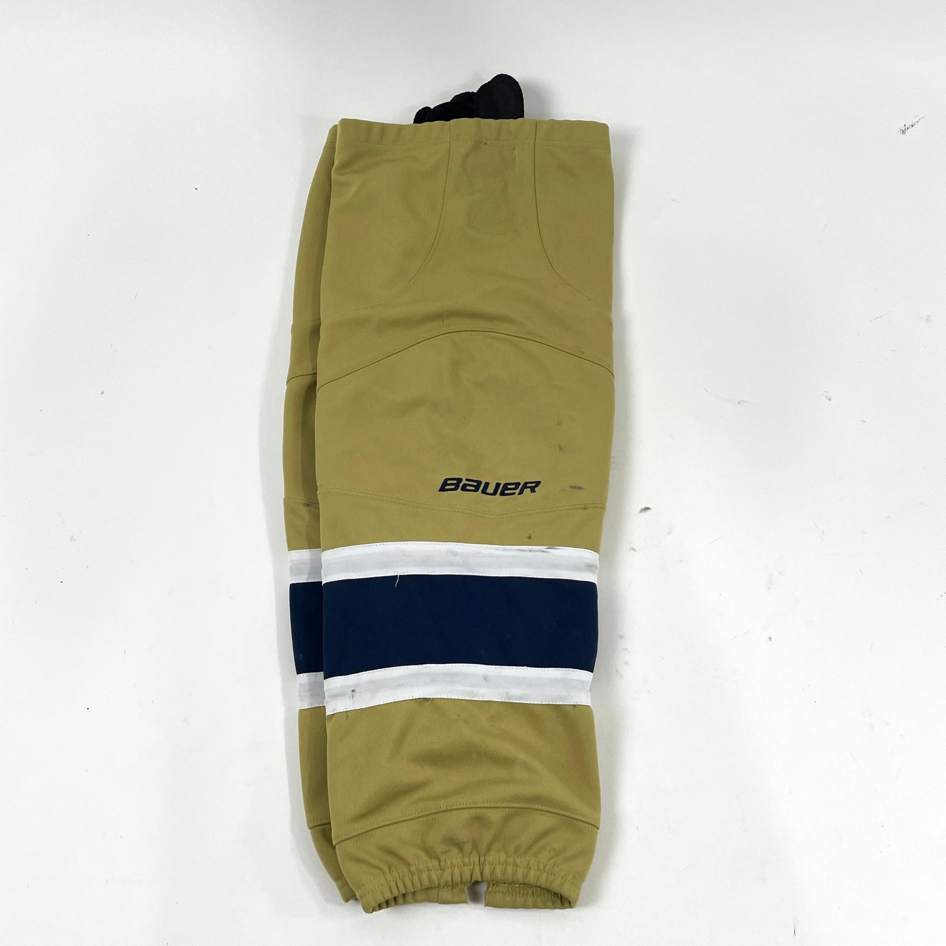Used Gold, White, and Navy Bauer Team Bethel NCAA Socks with Velcro| Size S/M - Top Flight Hockey