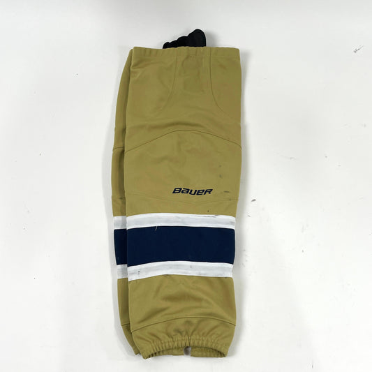 Used Gold, White, and Navy Bauer Team Bethel NCAA Socks with Velcro| Size S/M - Top Flight Hockey