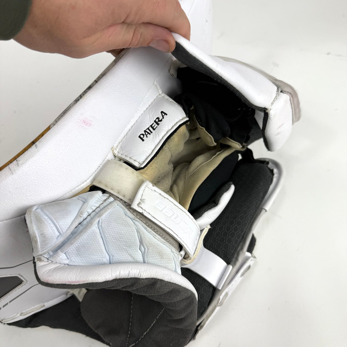 Used White and Gold Regular Bauer Supreme Mach Goalie Blocker | Patera | Vegas Golden Knights - Top Flight Hockey