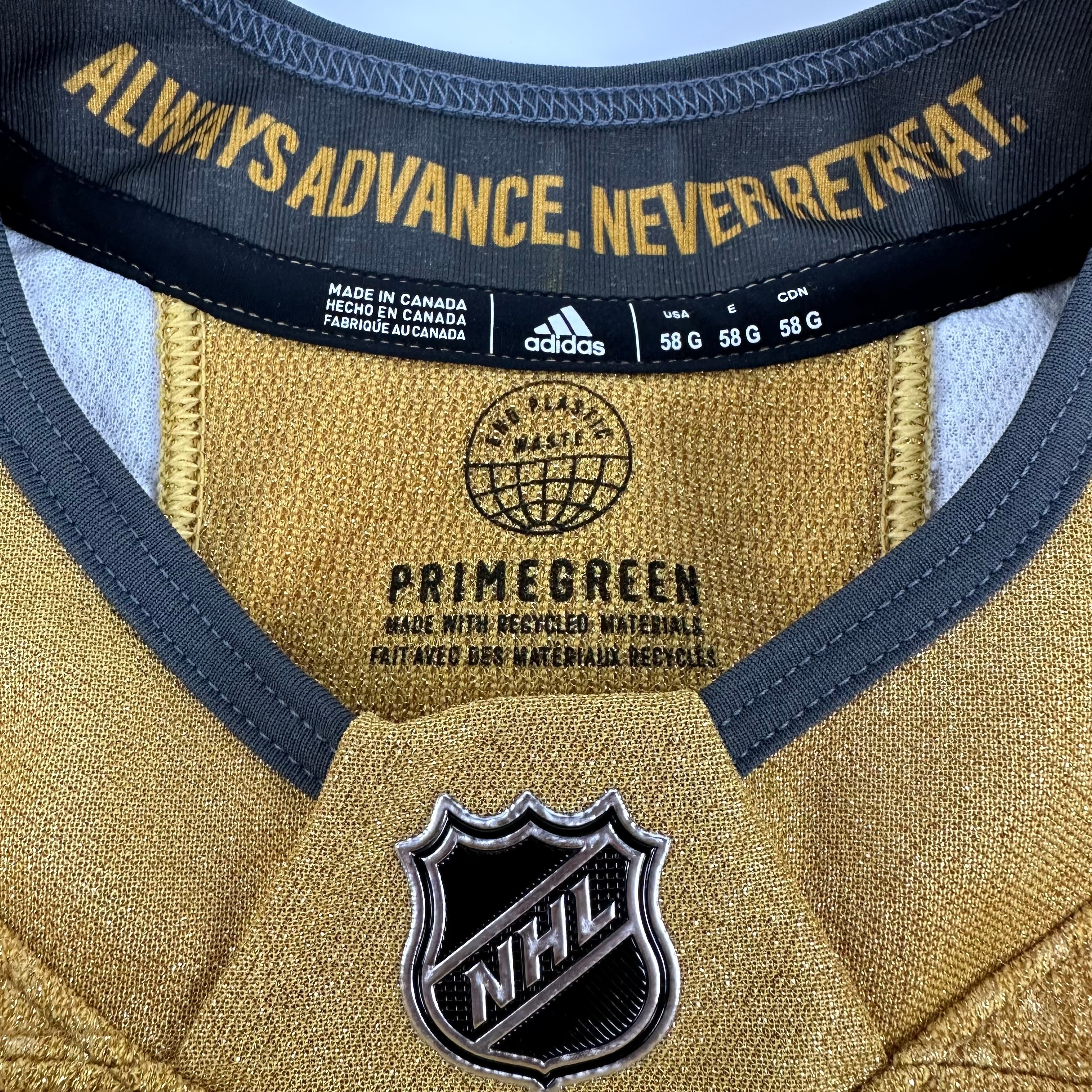 Brand New GOLD Primegreen Vegas Golden Knights MIC Made in Canada Blank Game Jersey - Size 58G