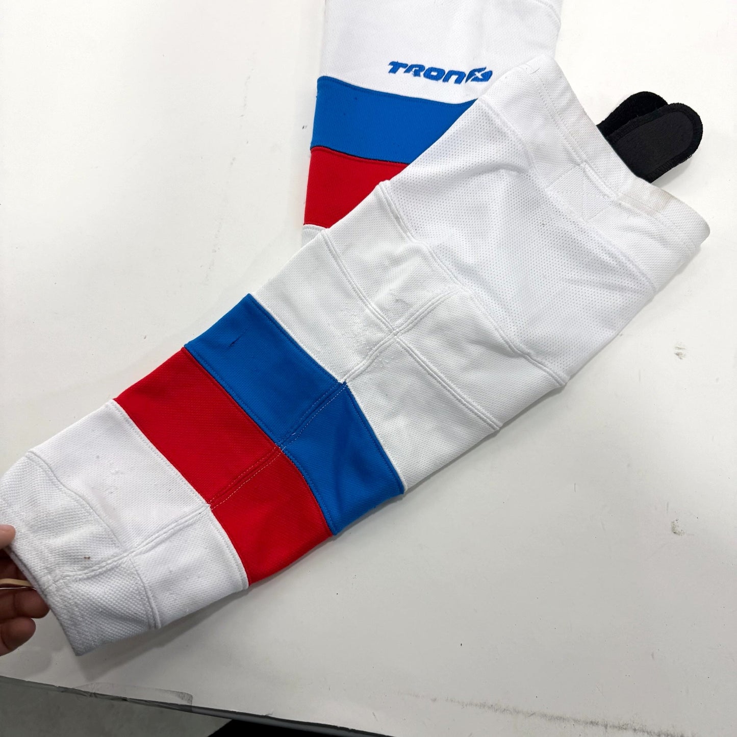 Used White With Red and Blue Stripe Tron Socks | 24" | #A30
