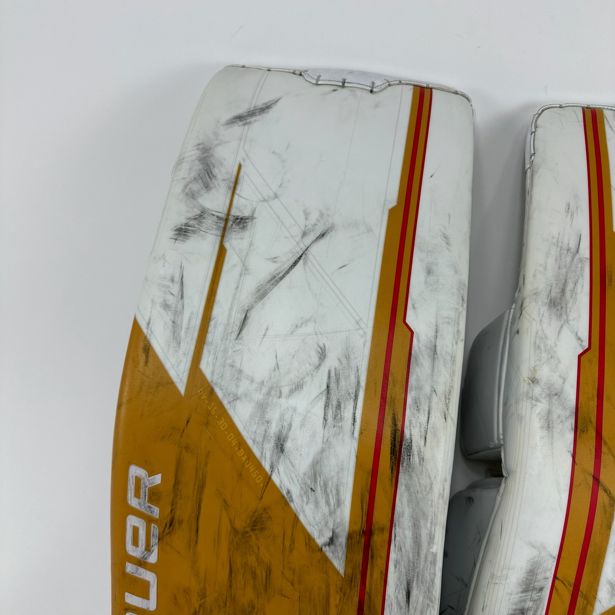 Used Vegas Knights White and Gold Bauer Supreme Mach Goalie Leg Pads | Patera | 35+1"