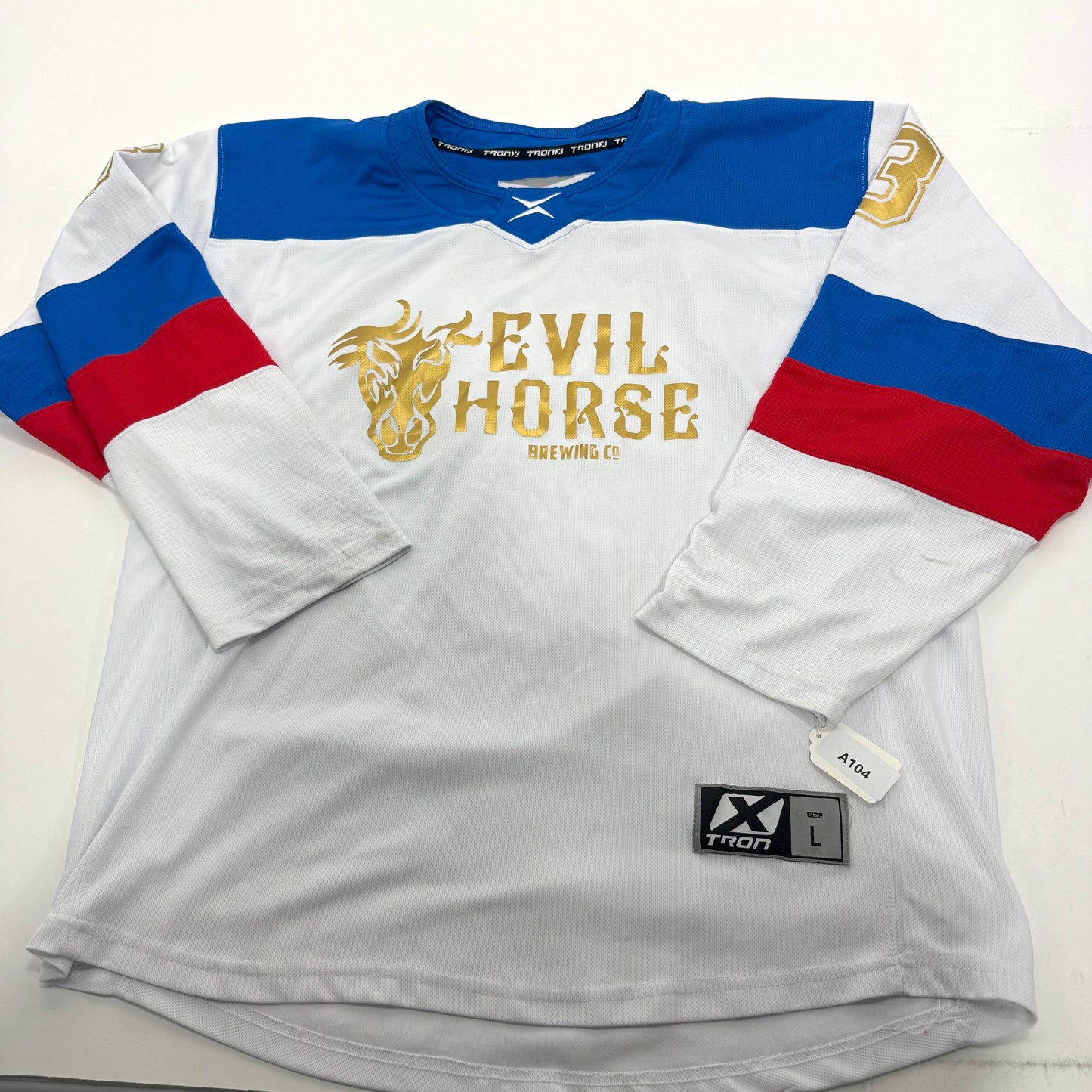 Used White/Blue/Red Tron Evil Horse Brewing Jersey | Large | A104 - Top Flight Hockey