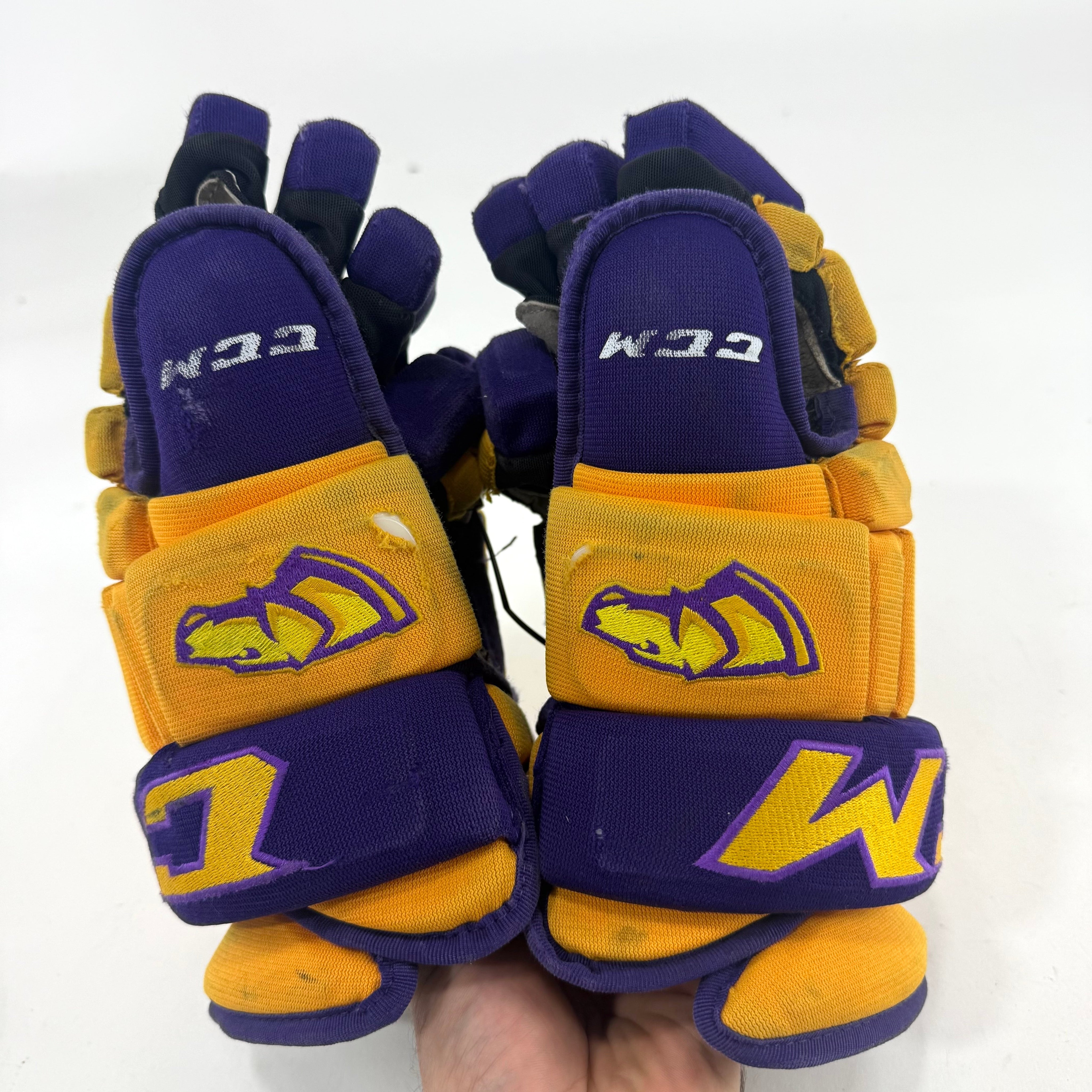 Used Yellow and Purple CCM 4 Roll Pro Gloves | 14" | E454 - Top Flight Hockey