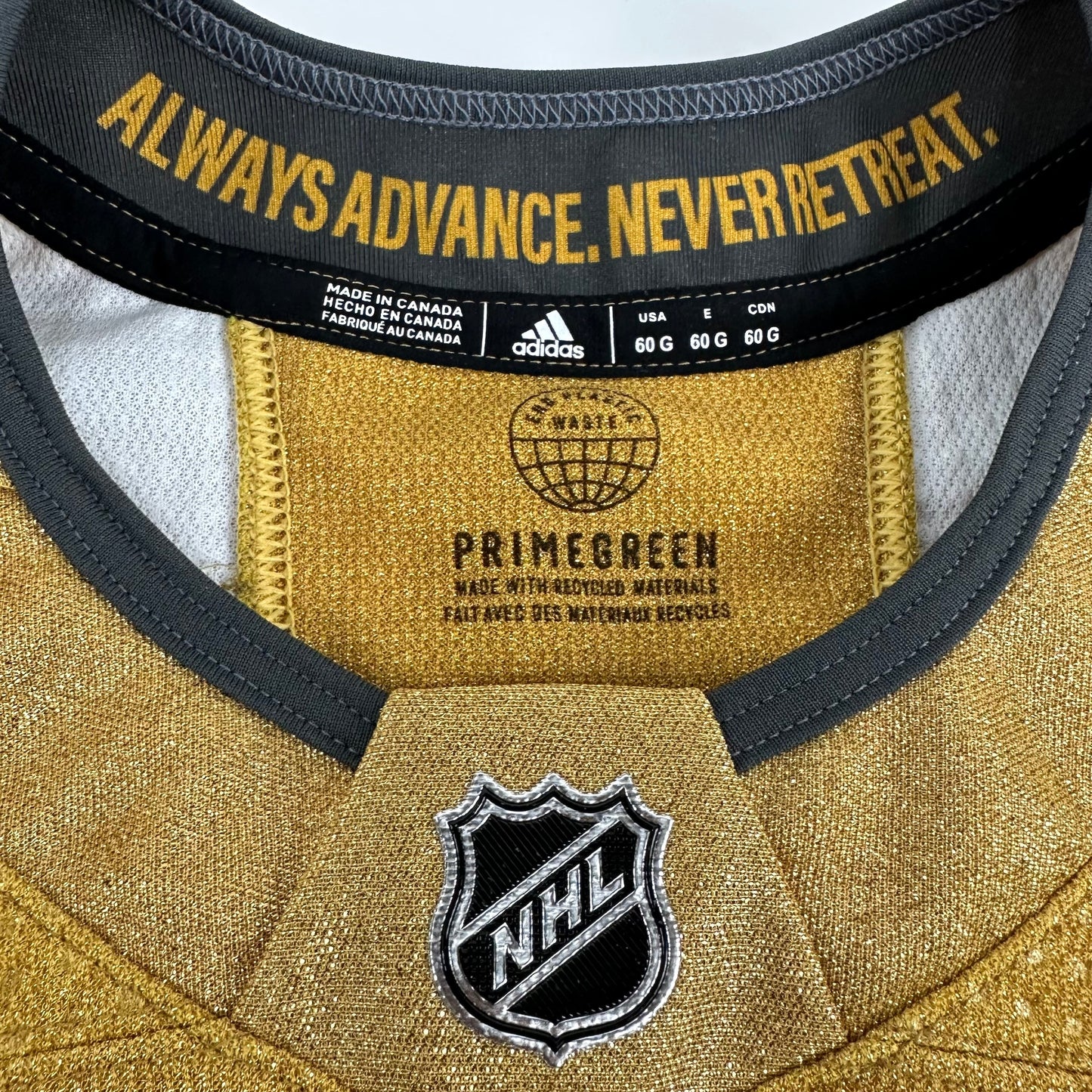 Brand New GOLD Primegreen Vegas Golden Knights MIC Made in Canada Blank Game Jersey - Size 60G - Top Flight Hockey