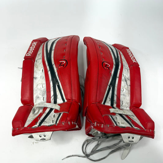 Used Red White and Black Reebok 14k Junior Goalie Leg Pads | 24+1" | AB361 - Top Flight Hockey