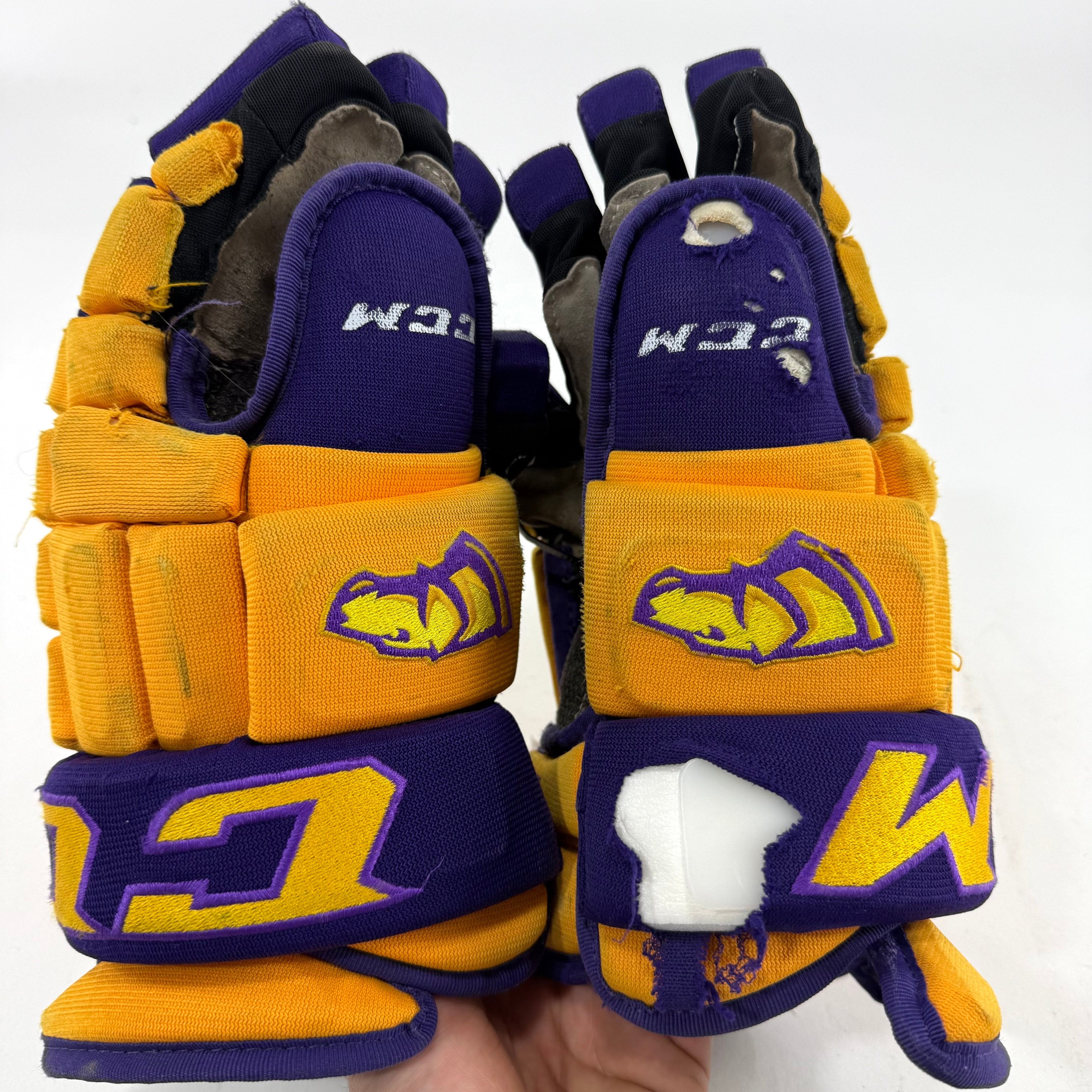 Used Yellow and Purple CCM 4 Roll Pro Gloves | 14" | E461 - Top Flight Hockey