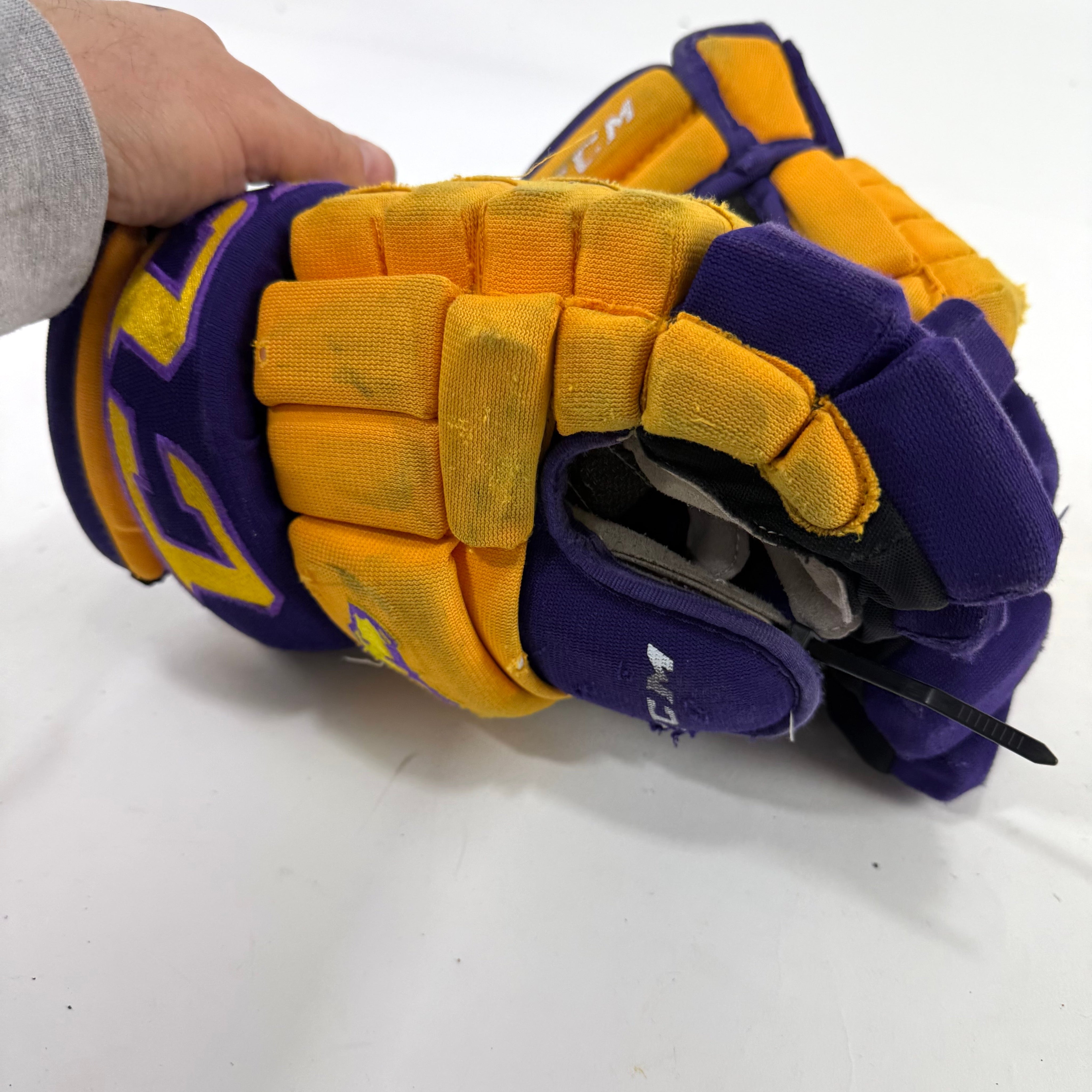 Used Yellow and Purple CCM 4 Roll Pro Gloves | 13" | E542