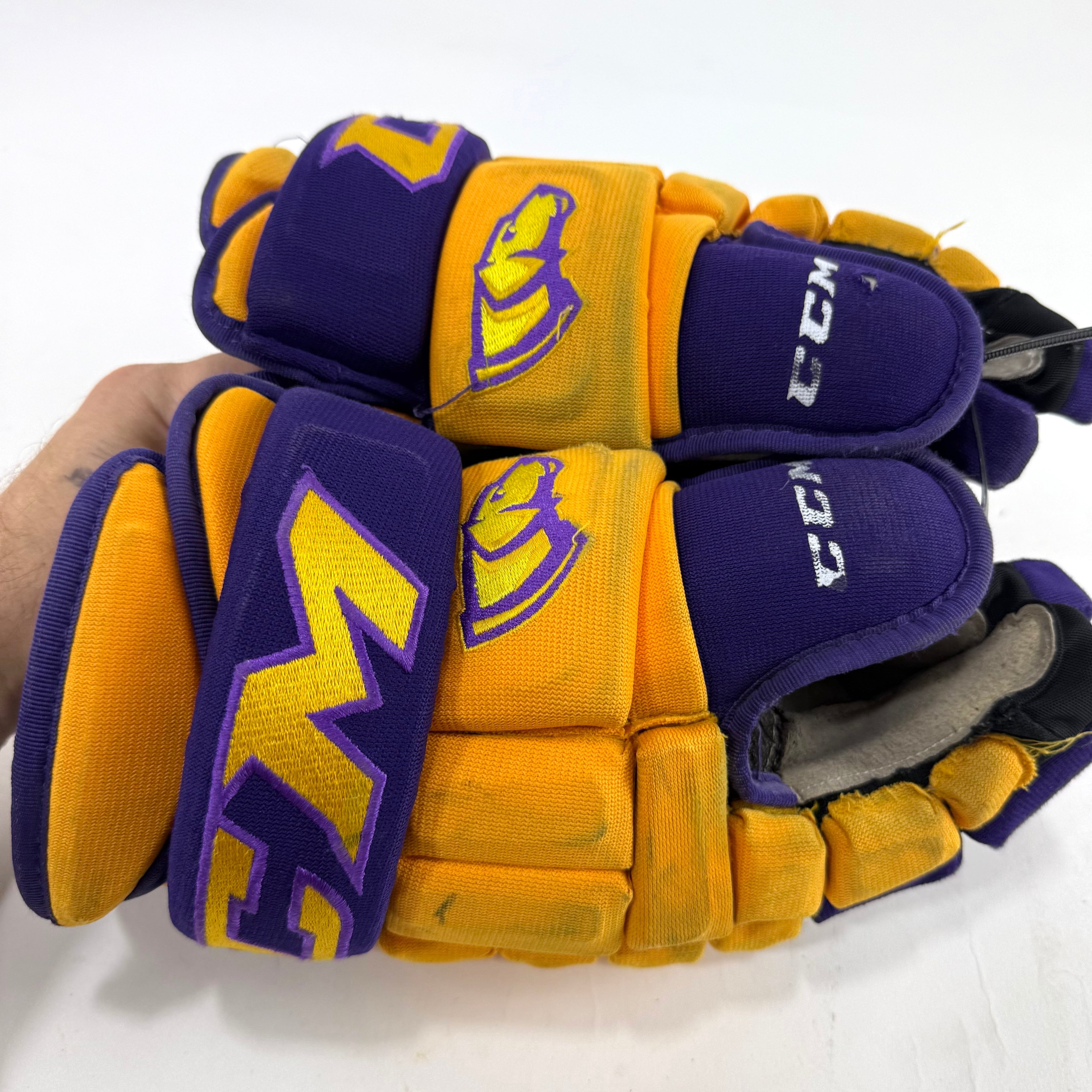 Used Yellow and Purple CCM 4 Roll Pro Gloves | 14" | E453 - Top Flight Hockey
