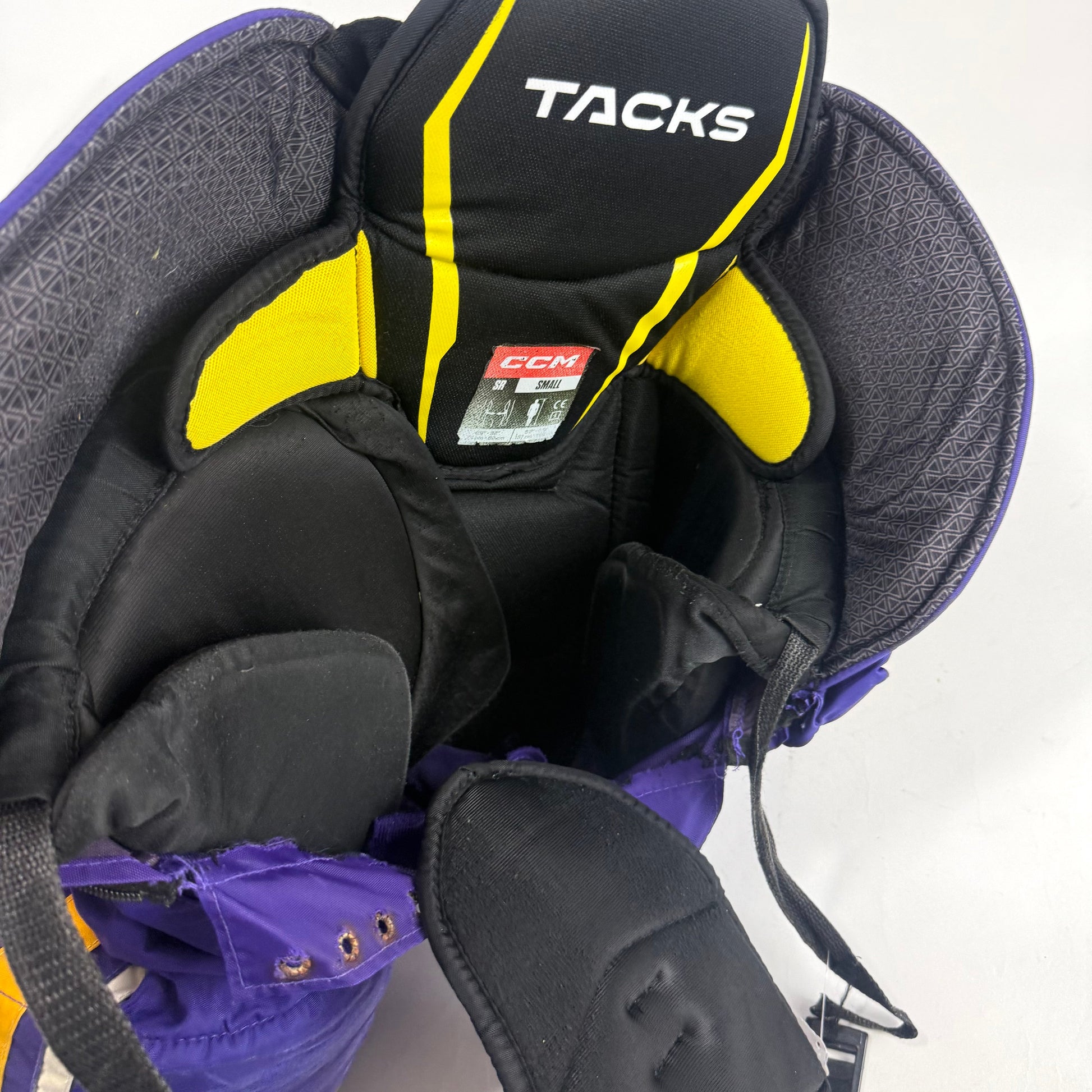 Used Purple/Yellow CCM Tacks 95C Pants | Small | E540 - Top Flight Hockey