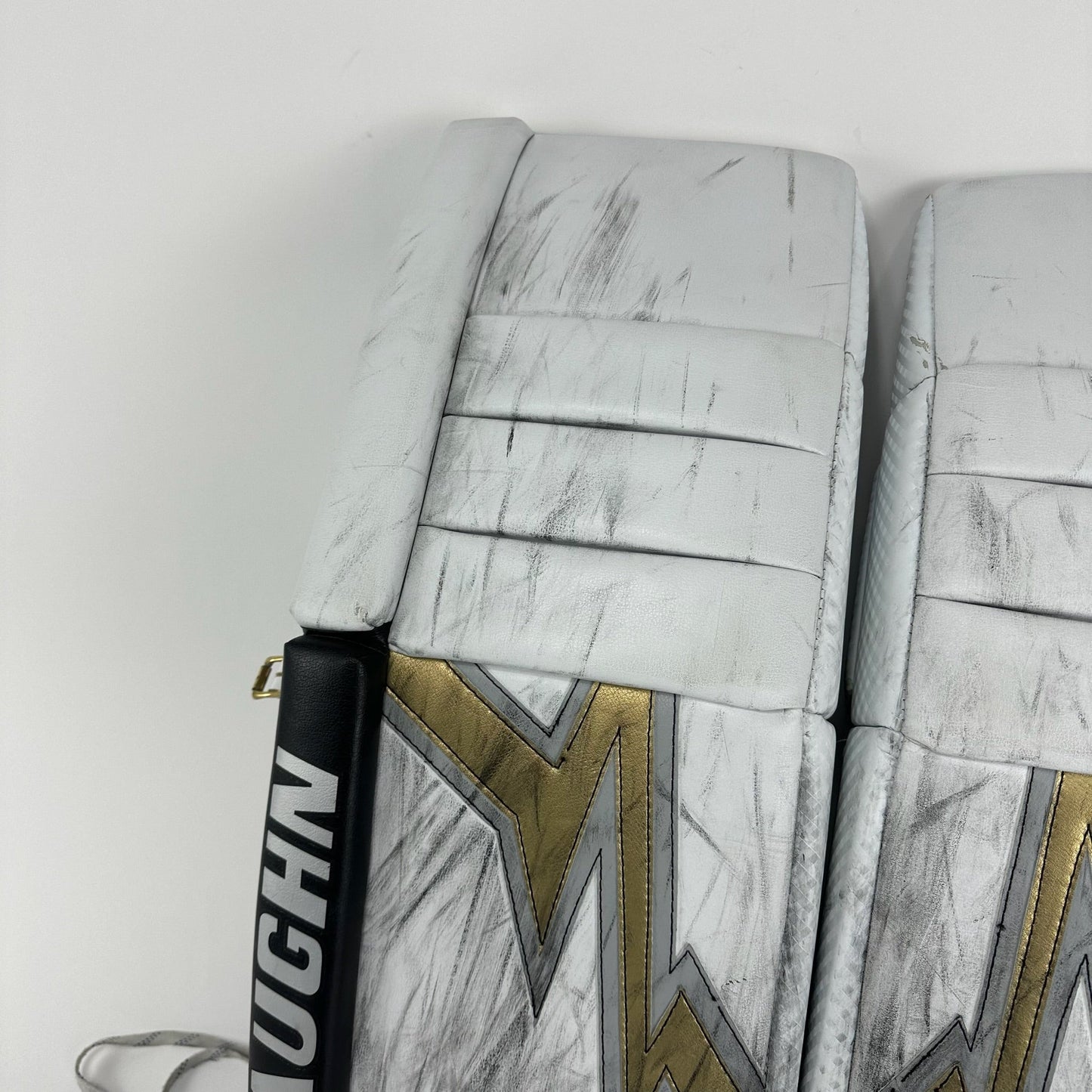 Used Vegas Knights White and Gold Vaughn V9 Goalie Leg Pads | Saville | 35+1" - Top Flight Hockey