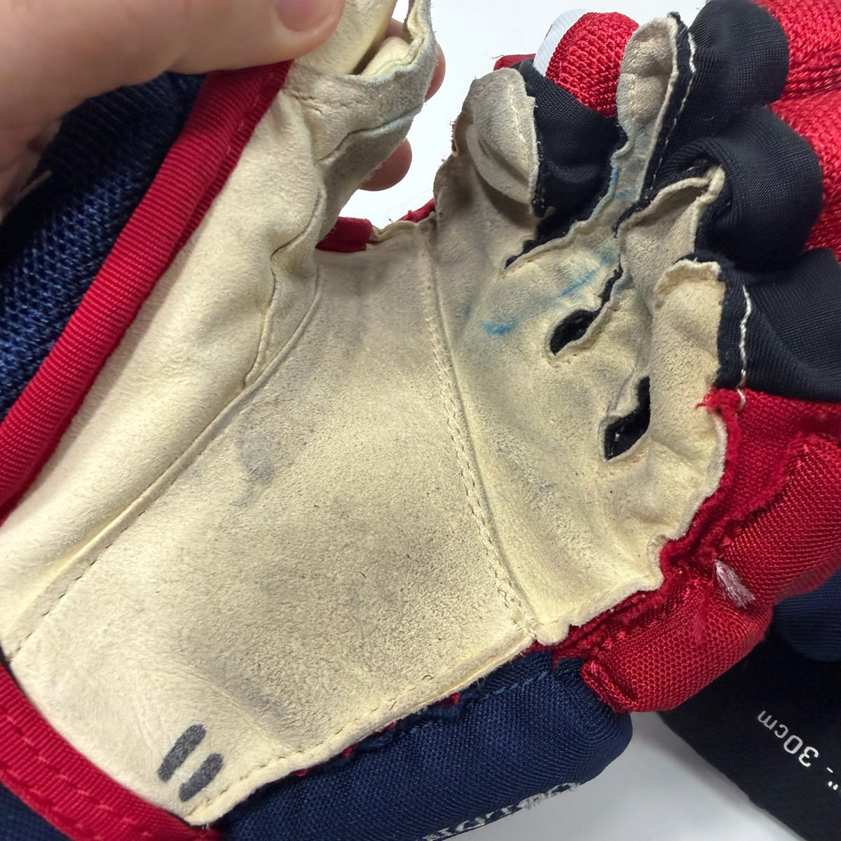 Used Blue Red White Bauer Hyperlite Gloves | 12" | AB777