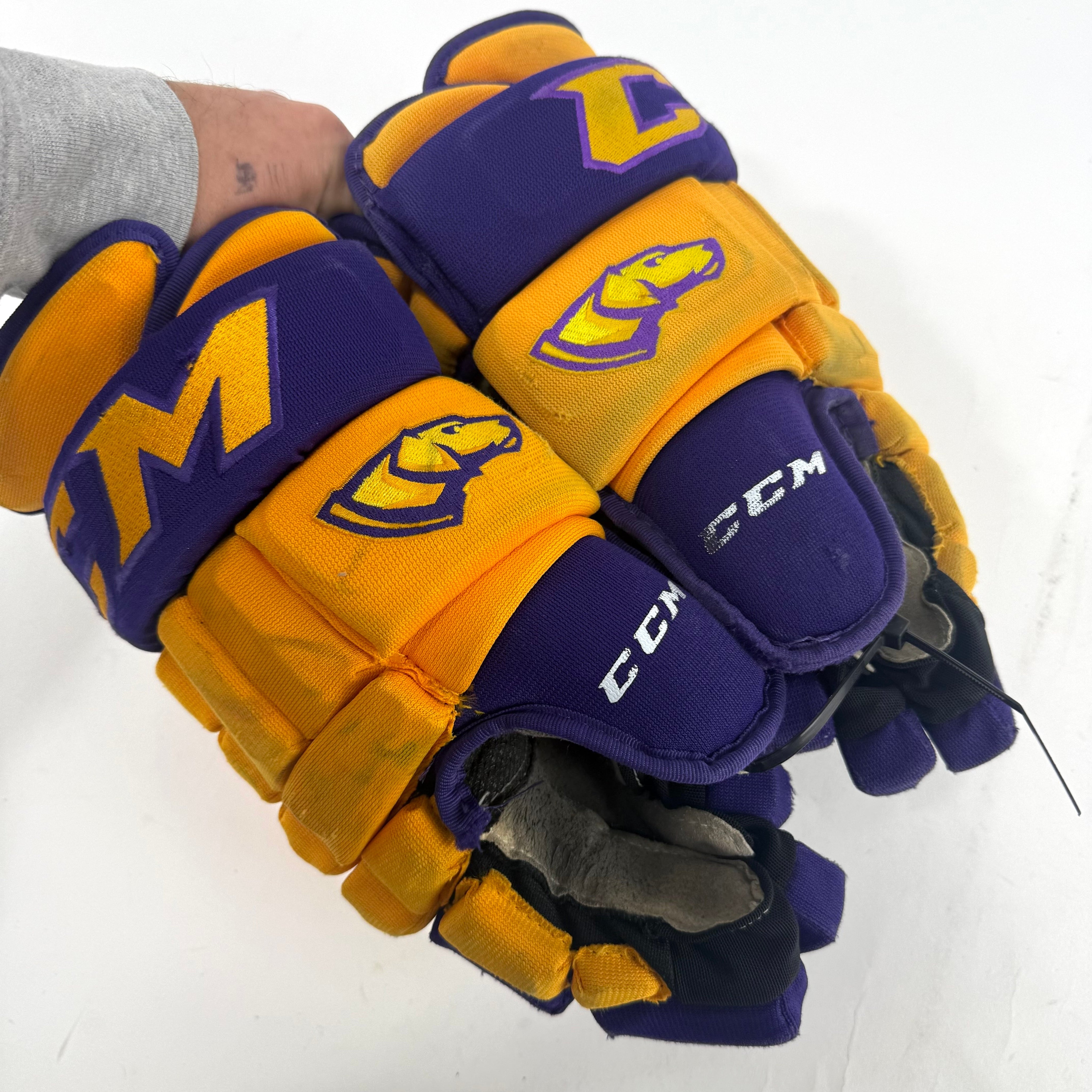 Used Yellow and Purple CCM 4 Roll Pro Gloves | 14" | E451