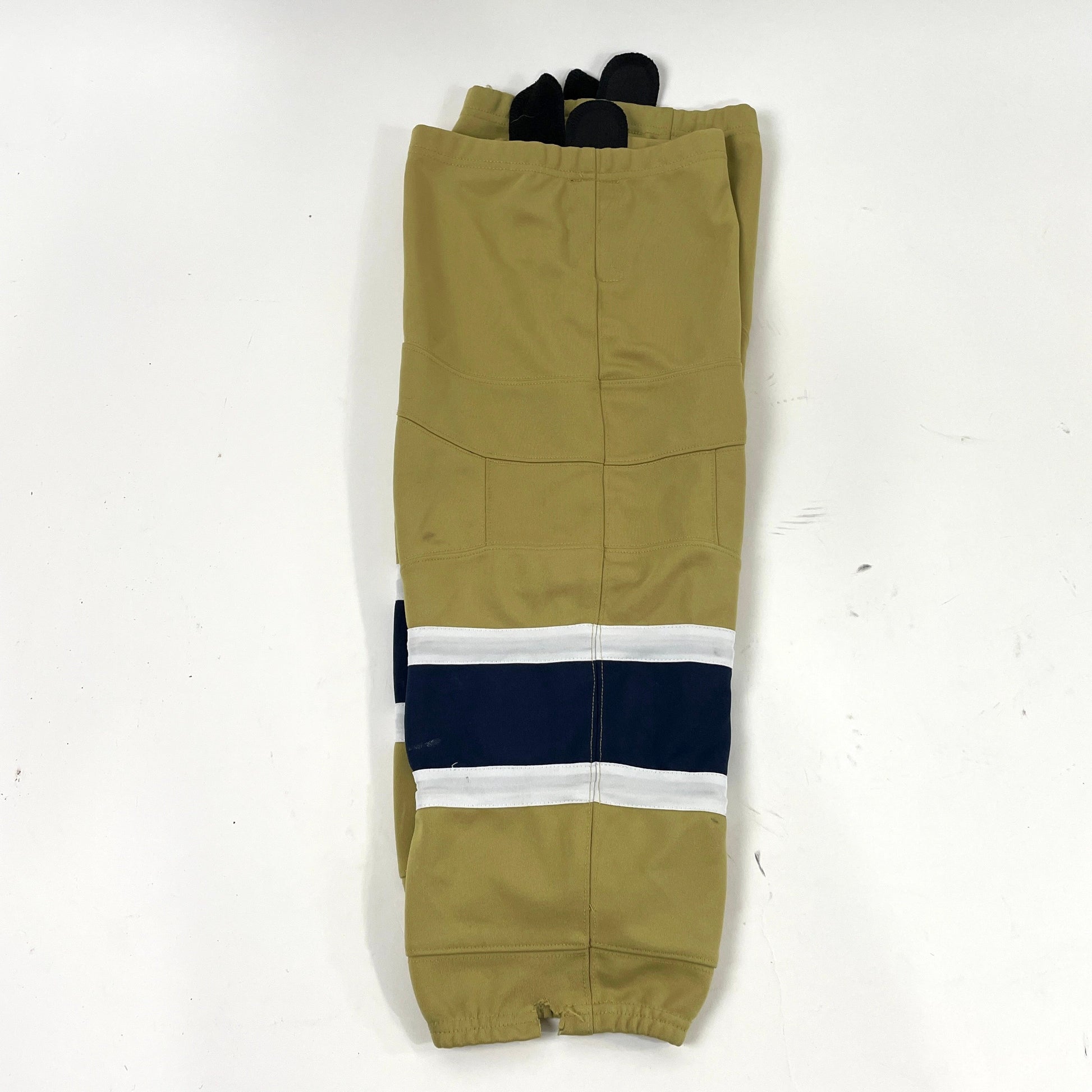 Used Gold, White, and Navy Bauer Team Bethel NCAA Socks with Velcro| Size S/M - Top Flight Hockey