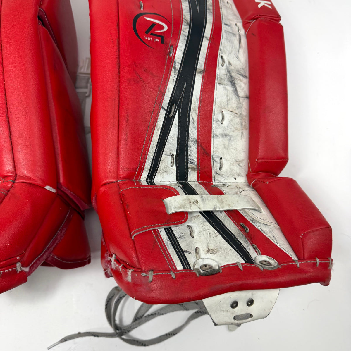 Used Red White and Black Reebok 14k Junior Goalie Leg Pads | 24+1" | AB361