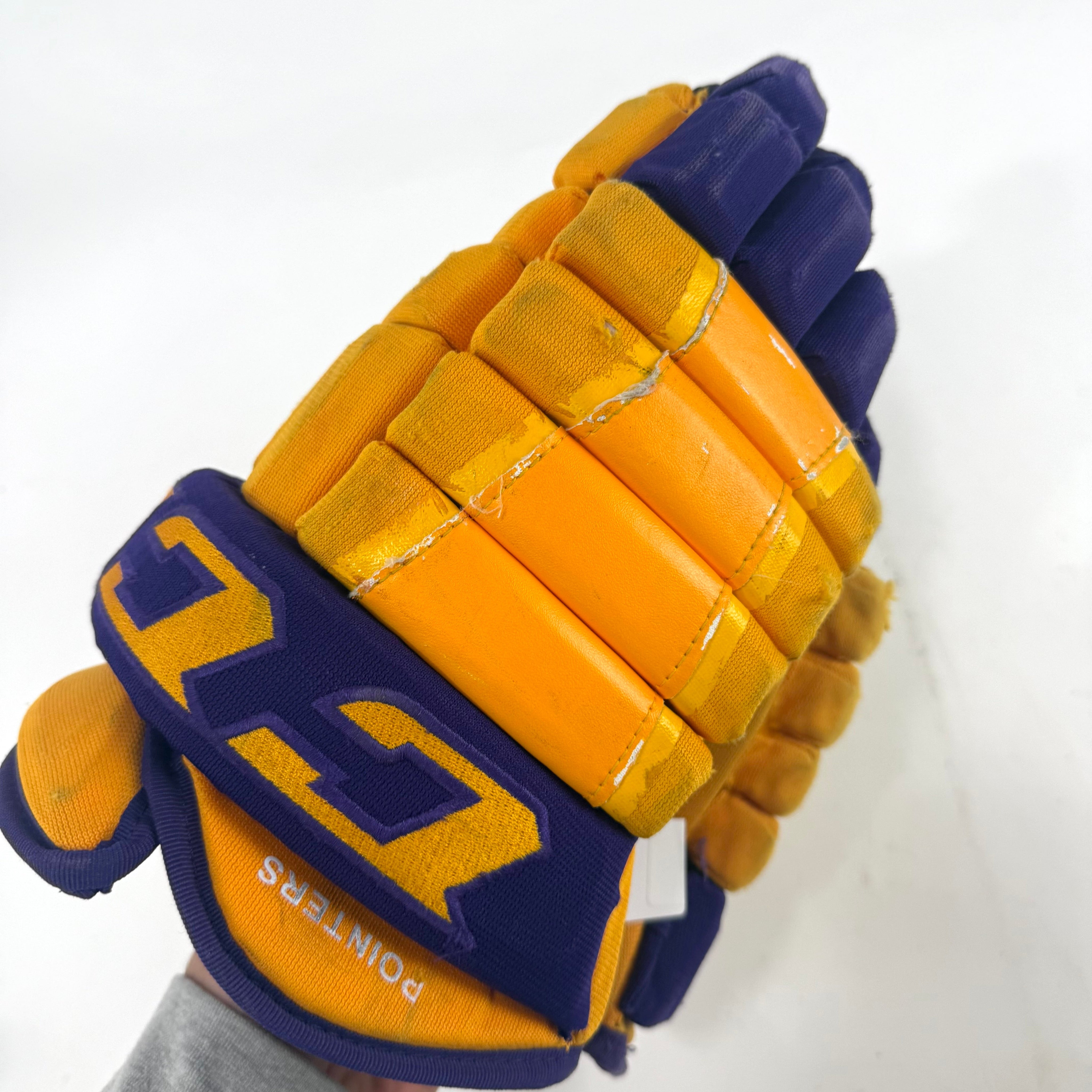 Used Yellow and Purple CCM 4 Roll Pro Gloves | 14" | E451