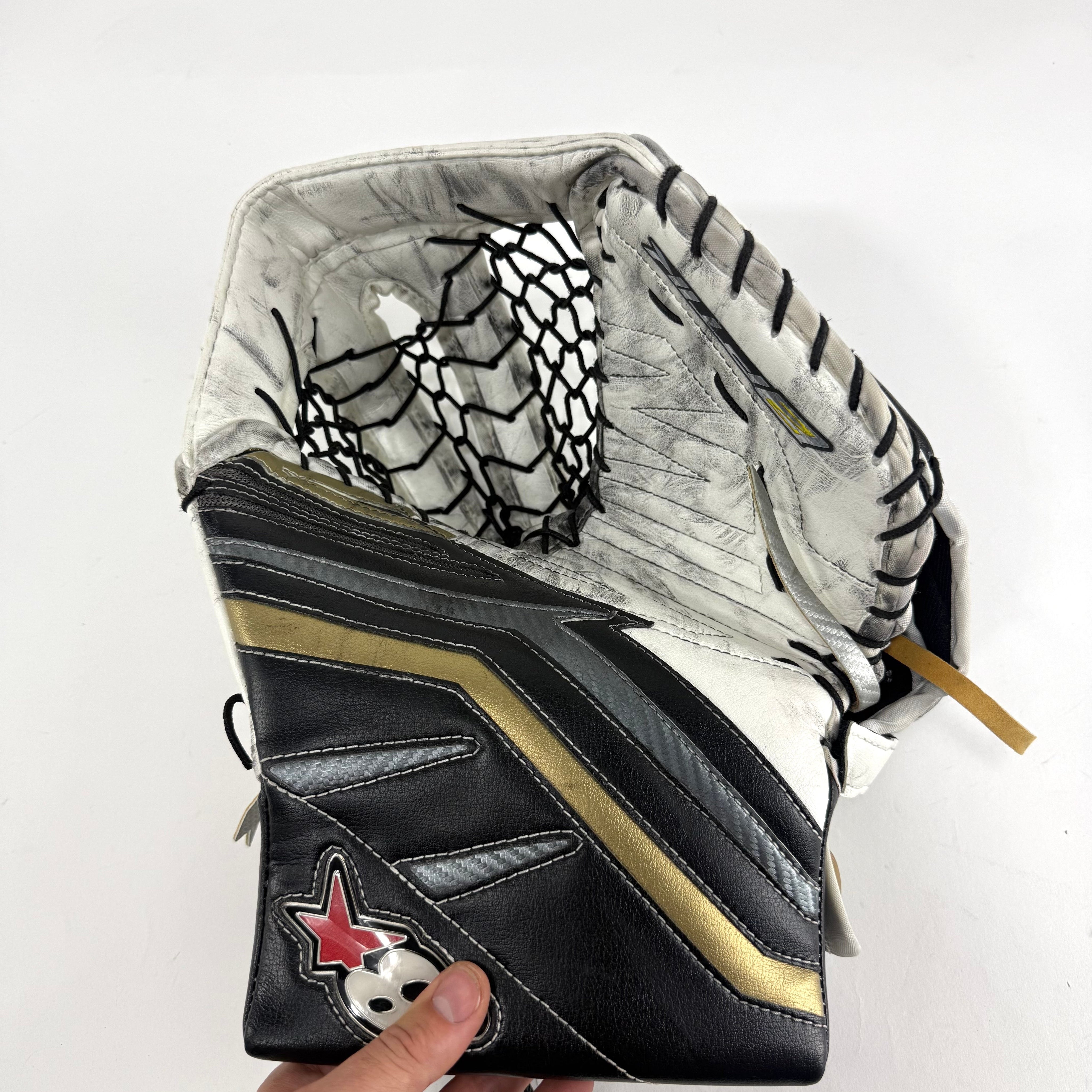 Used White/Black/Gold VGK Knights Brians Optik 2 Goalie Glove | Lehner | B621 - Top Flight Hockey
