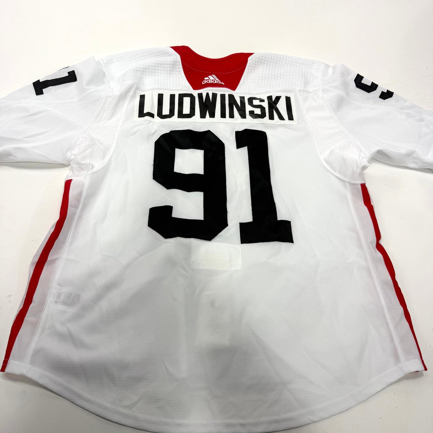 Used White Chicago Blackhawks Adidas MIC Practice Jersey | Size 56 | Ludwinski #91 - Top Flight Hockey