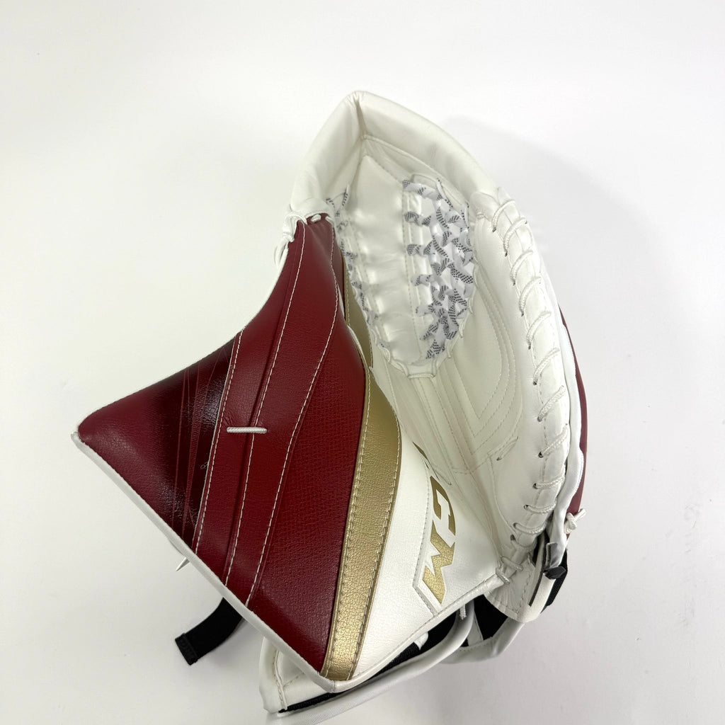 New Regular White and Maroon CCM EFlex 5 Goalie Glove | Denver | 590 Break - Top Flight Hockey