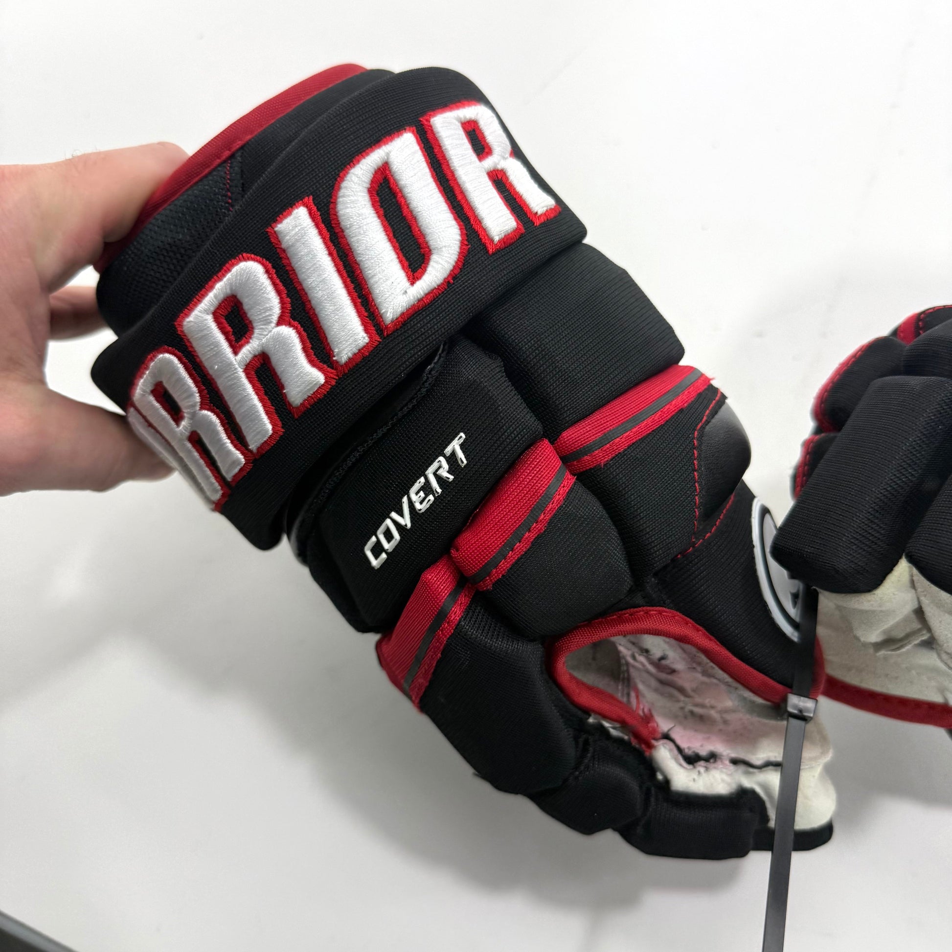 Used Black and Red Chicago Blackhawks Warrior Covert Pro Gloves | 13" | Grzelcyk | BH274 - Top Flight Hockey