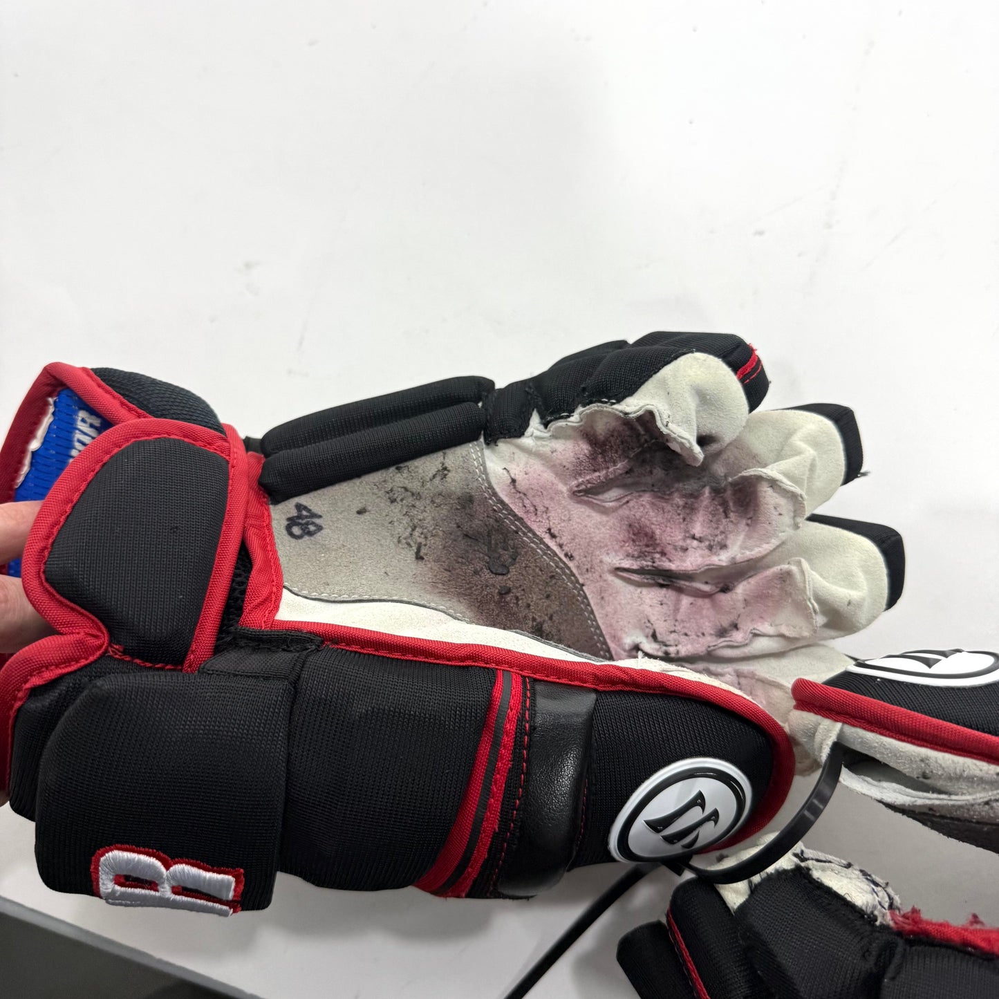Used Black and Red Chicago Blackhawks Warrior Covert Pro Gloves | 13" | Grzelcyk | BH274 - Top Flight Hockey