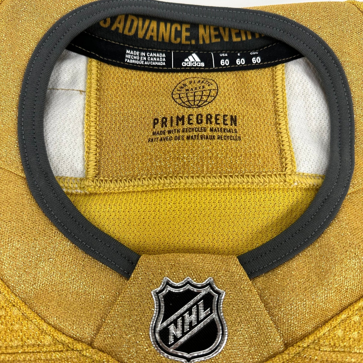 Brand New GOLD Primegreen Vegas Golden Knights MIC Made in Canada Blank Game Jersey - Size 60 - Top Flight Hockey