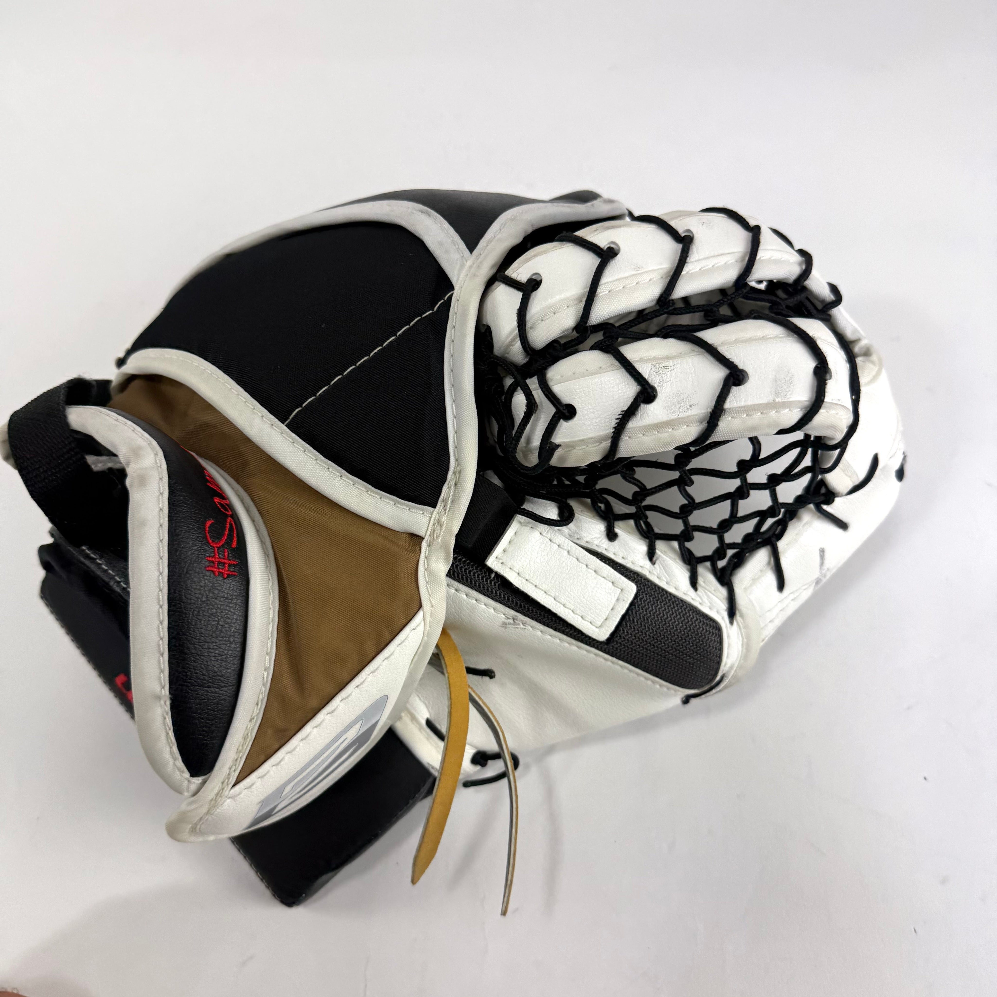 Used White/Black/Gold VGK Knights Brians Optik 2 Goalie Glove | Lehner | B621 - Top Flight Hockey