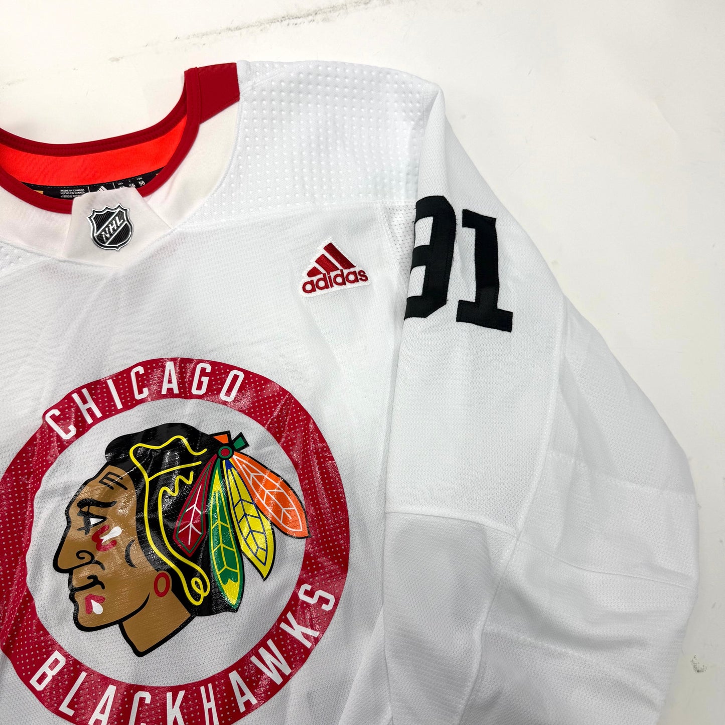 Used White Chicago Blackhawks Adidas MIC Practice Jersey | Size 56 | Ludwinski #91 - Top Flight Hockey