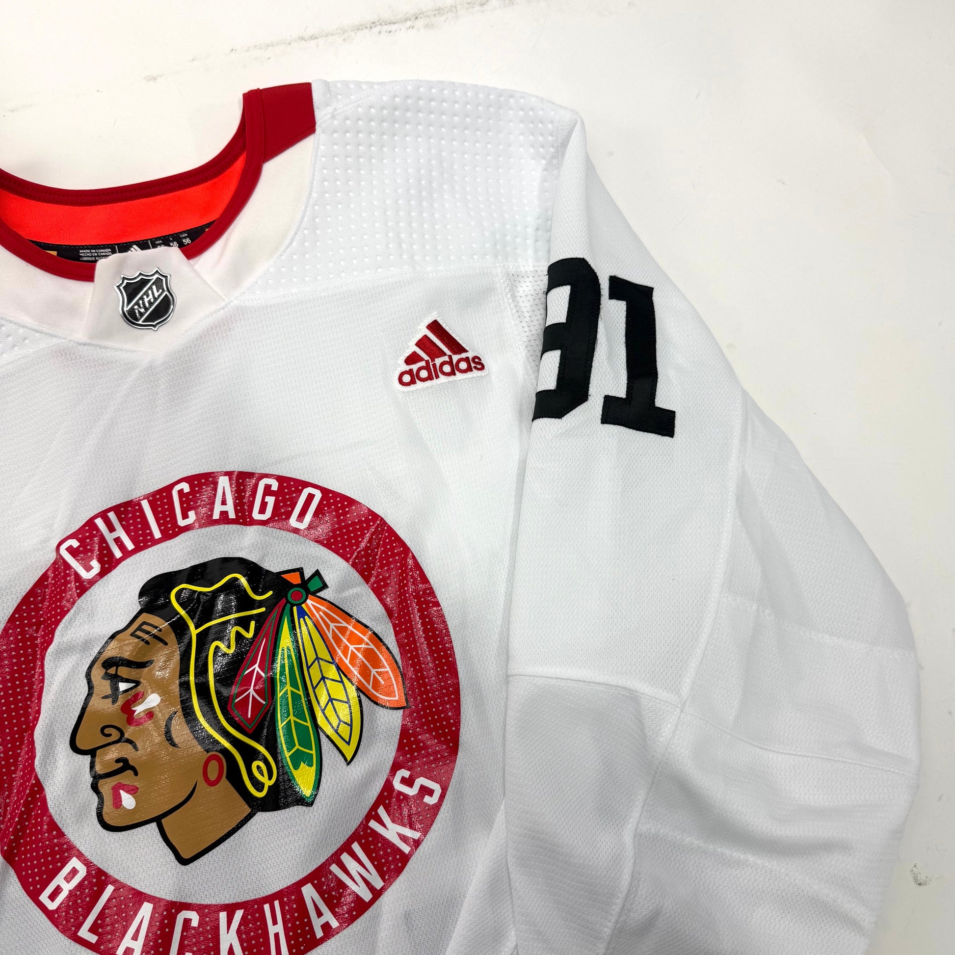 Used White Chicago Blackhawks Adidas MIC Practice Jersey | Size 56 | Ludwinski #91 - Top Flight Hockey