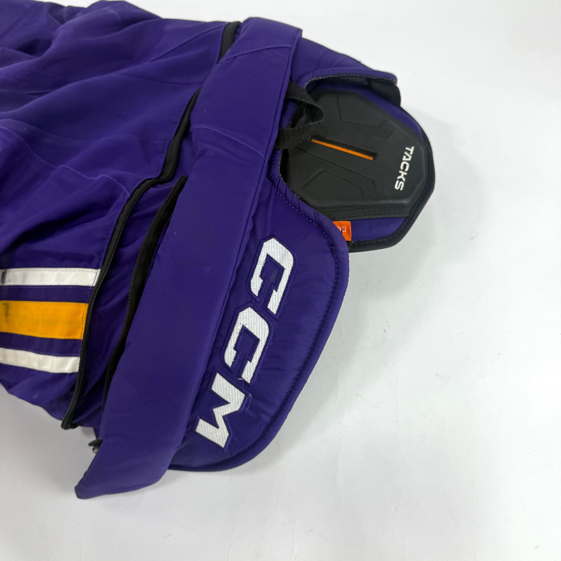 Used Purple/Yellow CCM Tacks 95C Pants | Small | E540 - Top Flight Hockey